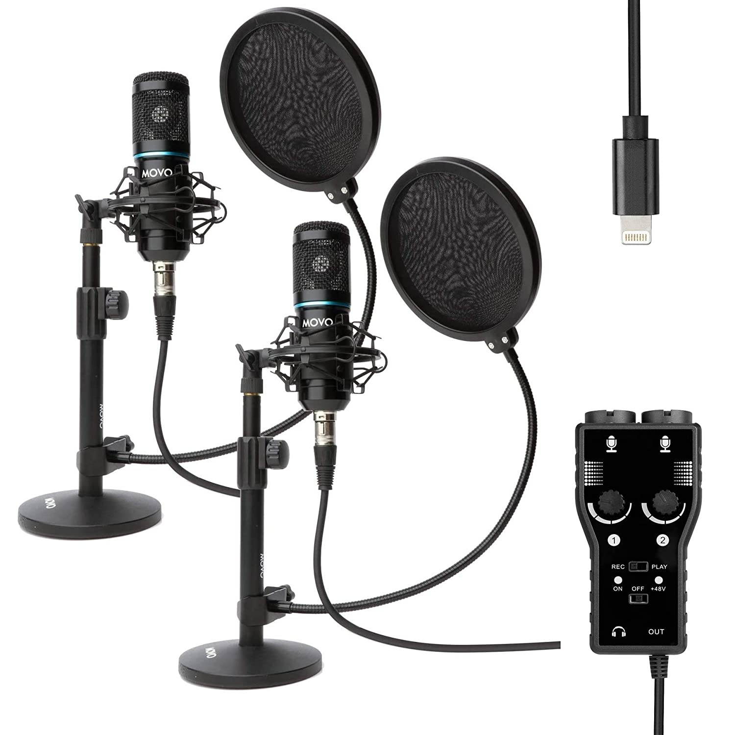 Movo Smartphone Podcast Recording Microphone Kit - 2 Pack Condenser Microphones, 2 Desktop Mic Stands, 2 Pop Filters, 2-Channel XLR Interface with Lightning Output - Compatible with iPhone, iPad, iOS
