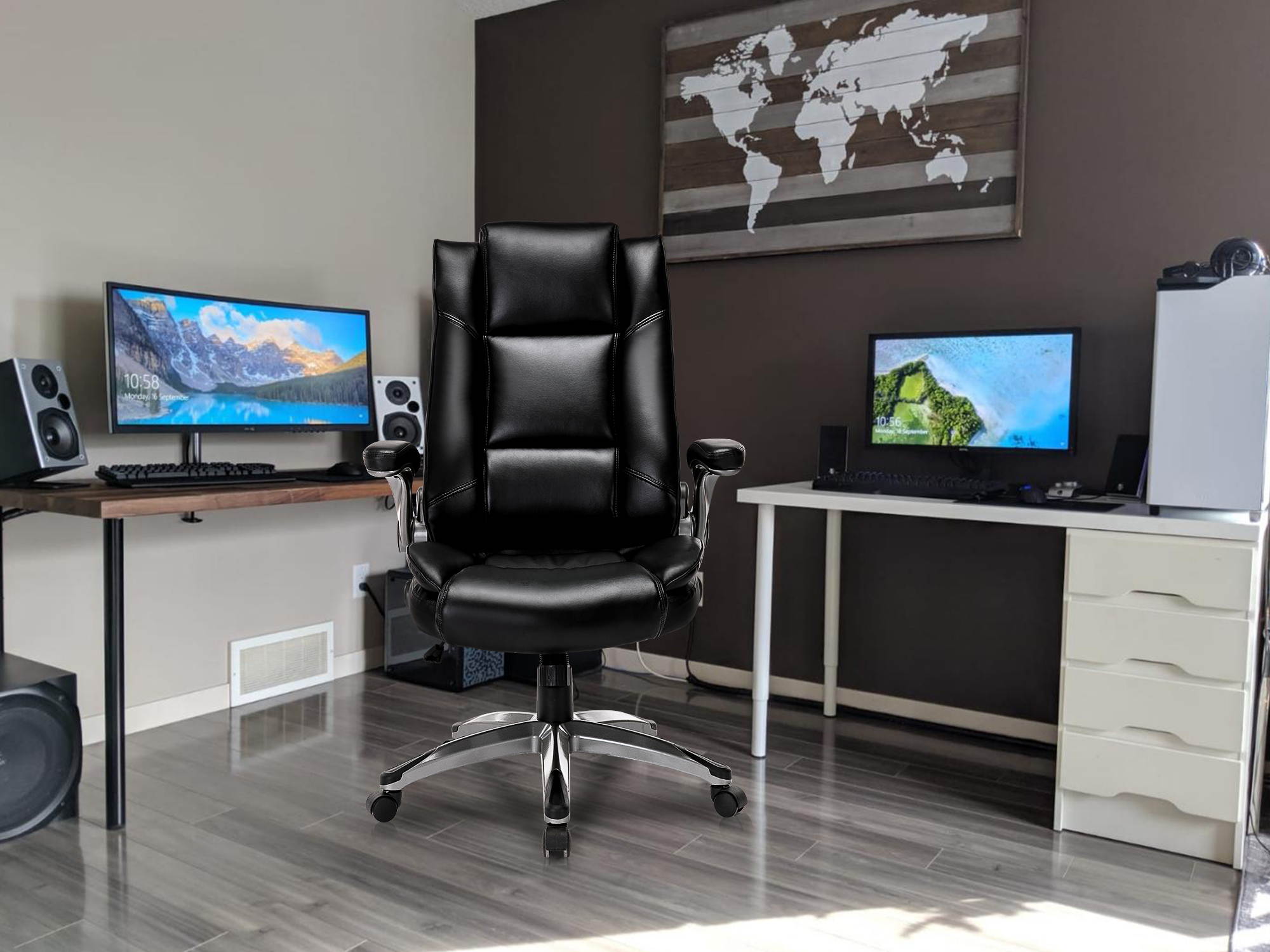 High Back Bonded Leather Ergonomic Office Chair Executive Swivel Computer Desk Chair - Flip Up Arms and Adjustable Tilt Angle Swivel Chair with Thick Padded Armrest and Headrest for Home&Office