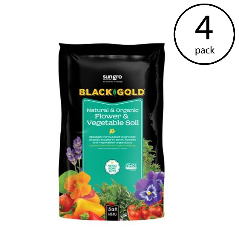 SunGro Black Gold Outdoor Natural and Organic Garden Flower and Vegetables Blend Potting Soil Mix for Outdoor Plants, 1.5 Cubic Foot Bag (4 Pack)
