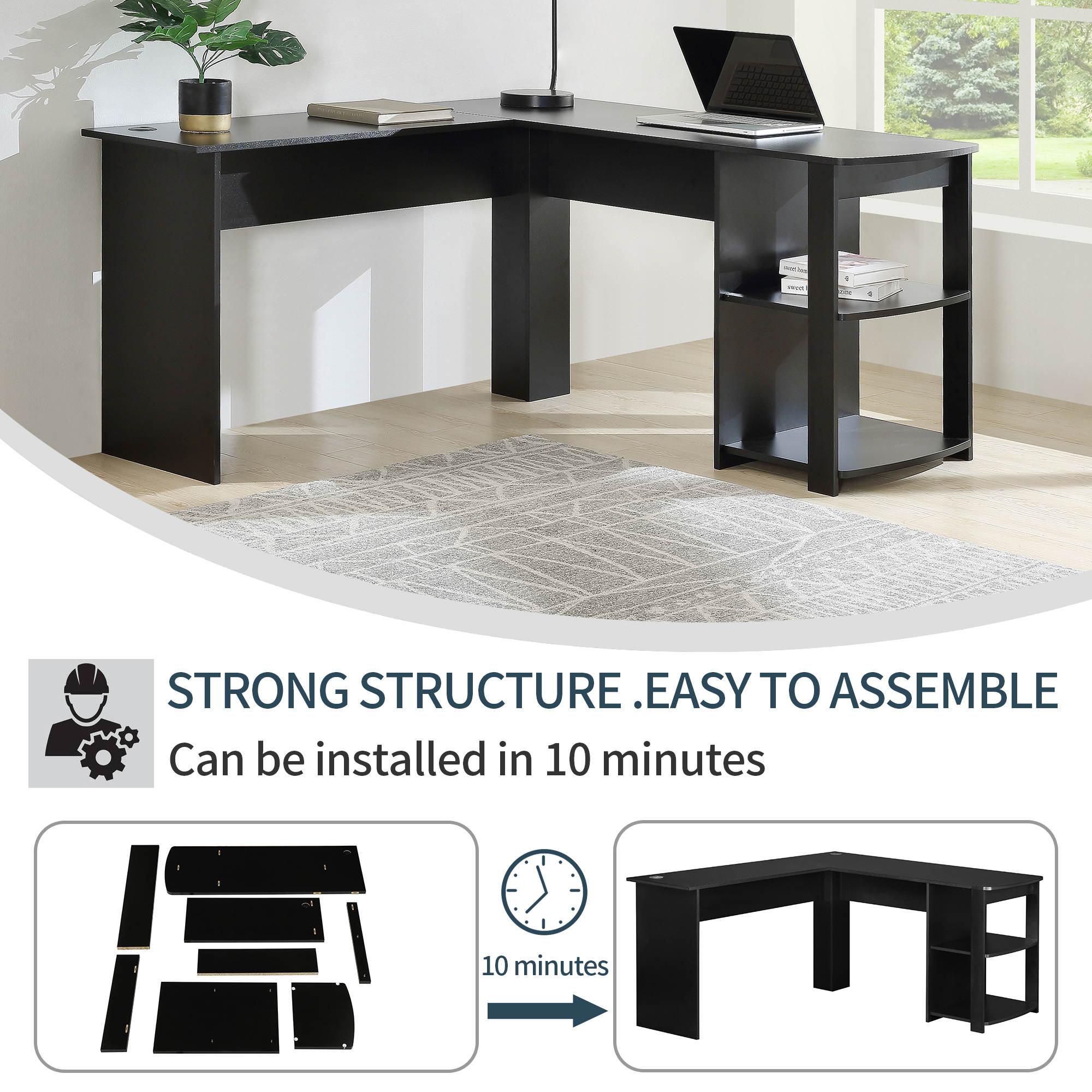 L-Shaped Corner Desk Gaming Desk Home Office Desk Computer Desk Study Workstation Furniture PC Table Writing Table with 2 Open Storage Bookshelves No Tool Assemble Required Black