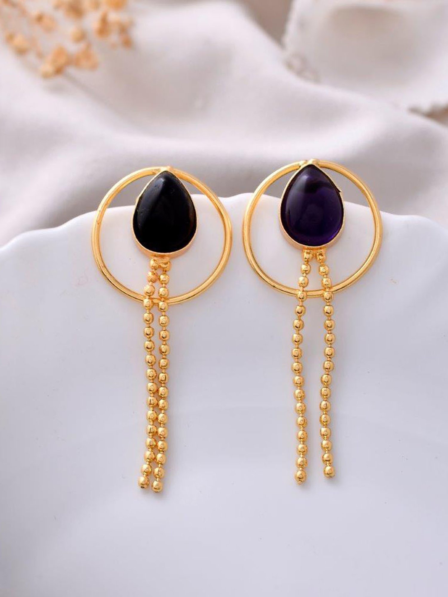 VOJ One Gram Gold Plated Drop Shaped Black Stone Studded Earrings for Women