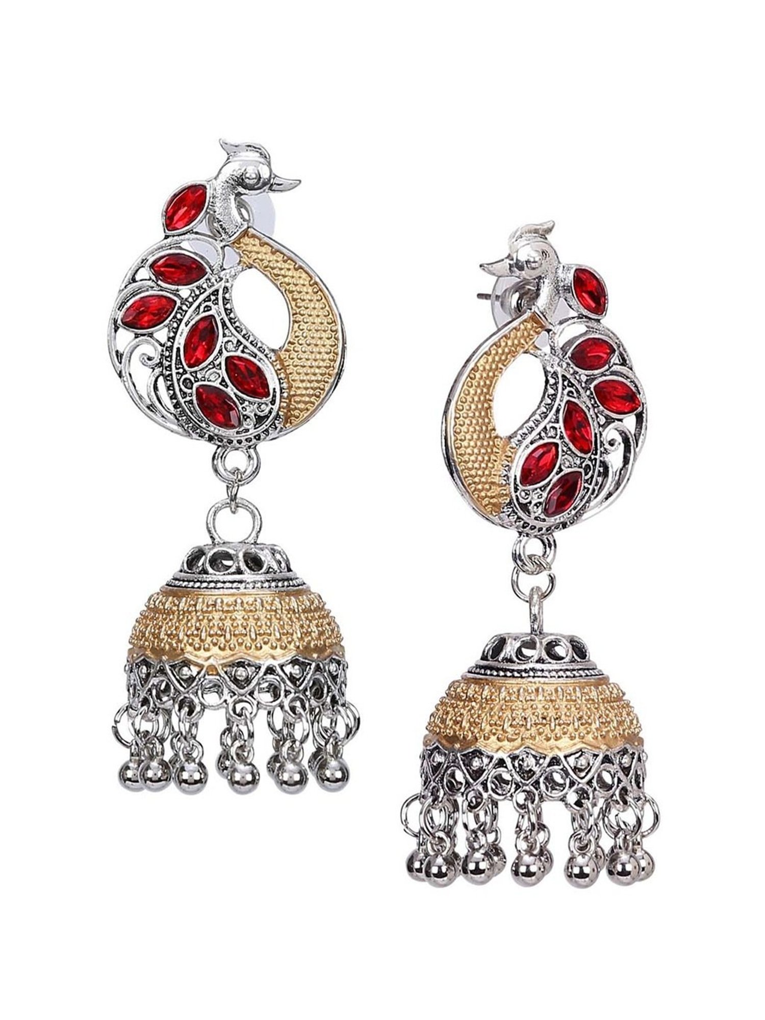 YouBella Peacock Design Celebrity Inspired Pearl Long Silver Golden & Red Jhumki Earrings for Women