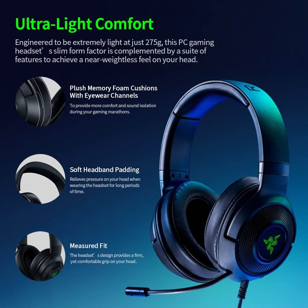 Razer Kraken X-USB Gaming Headset Earphone 7.1 Surround Sound Ultra Light Headphone Bendable Cardioid Microphone Custom-Tuned 40mm Drivers