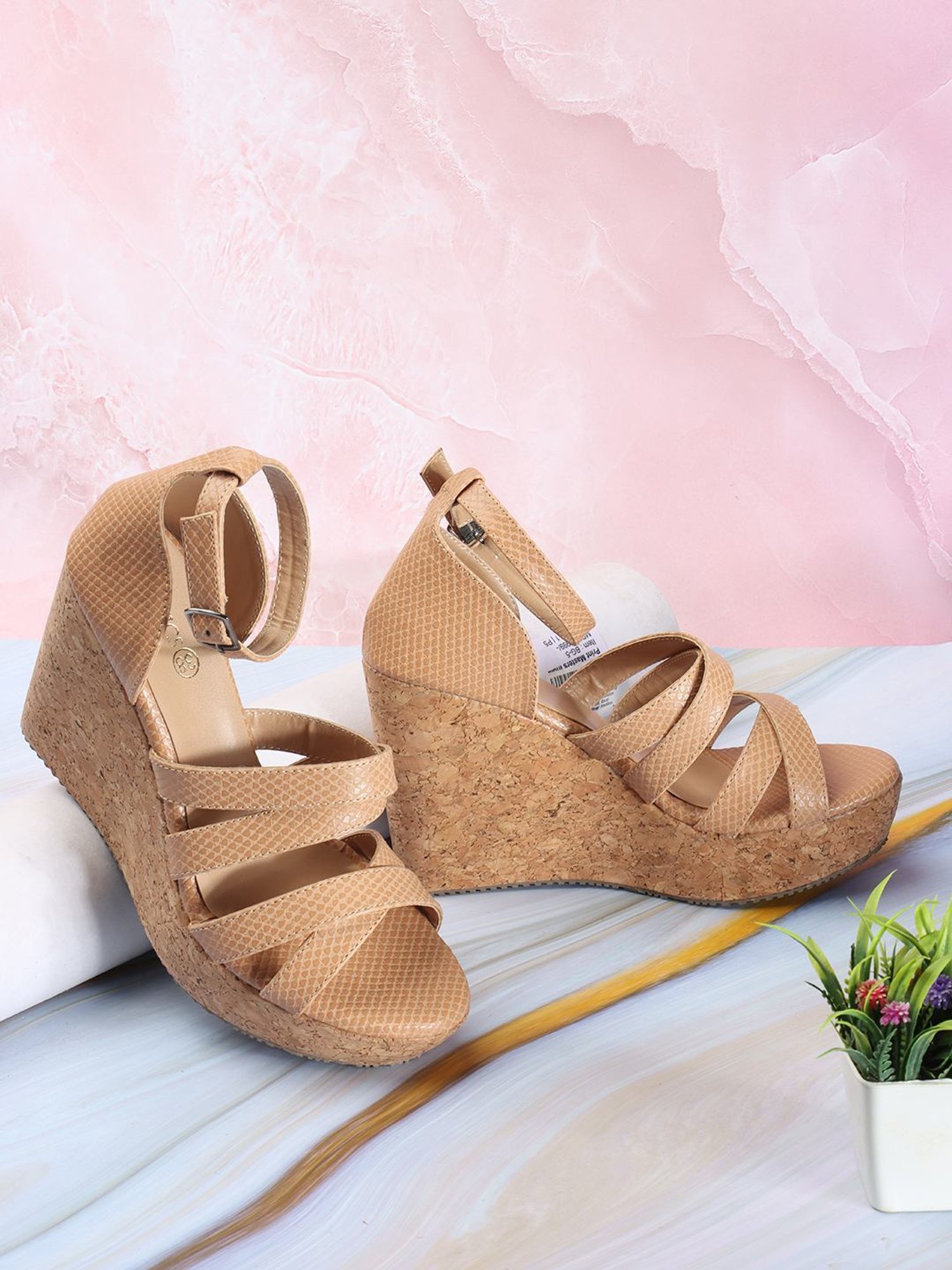 Iconics Women's Tan Ankle Strap Wedges