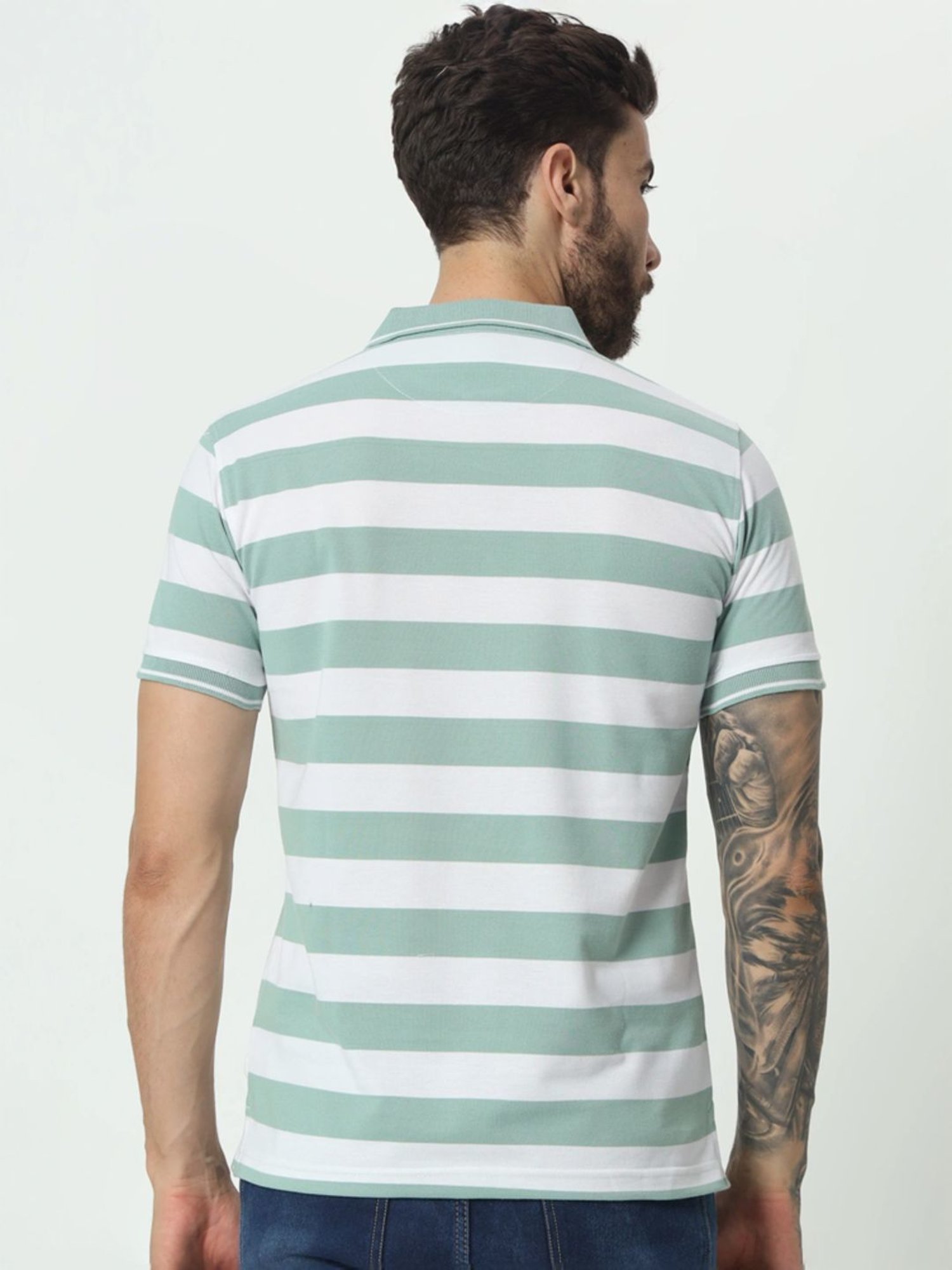 Tab91 Green Regular Fit Striped Polo T-Shirts