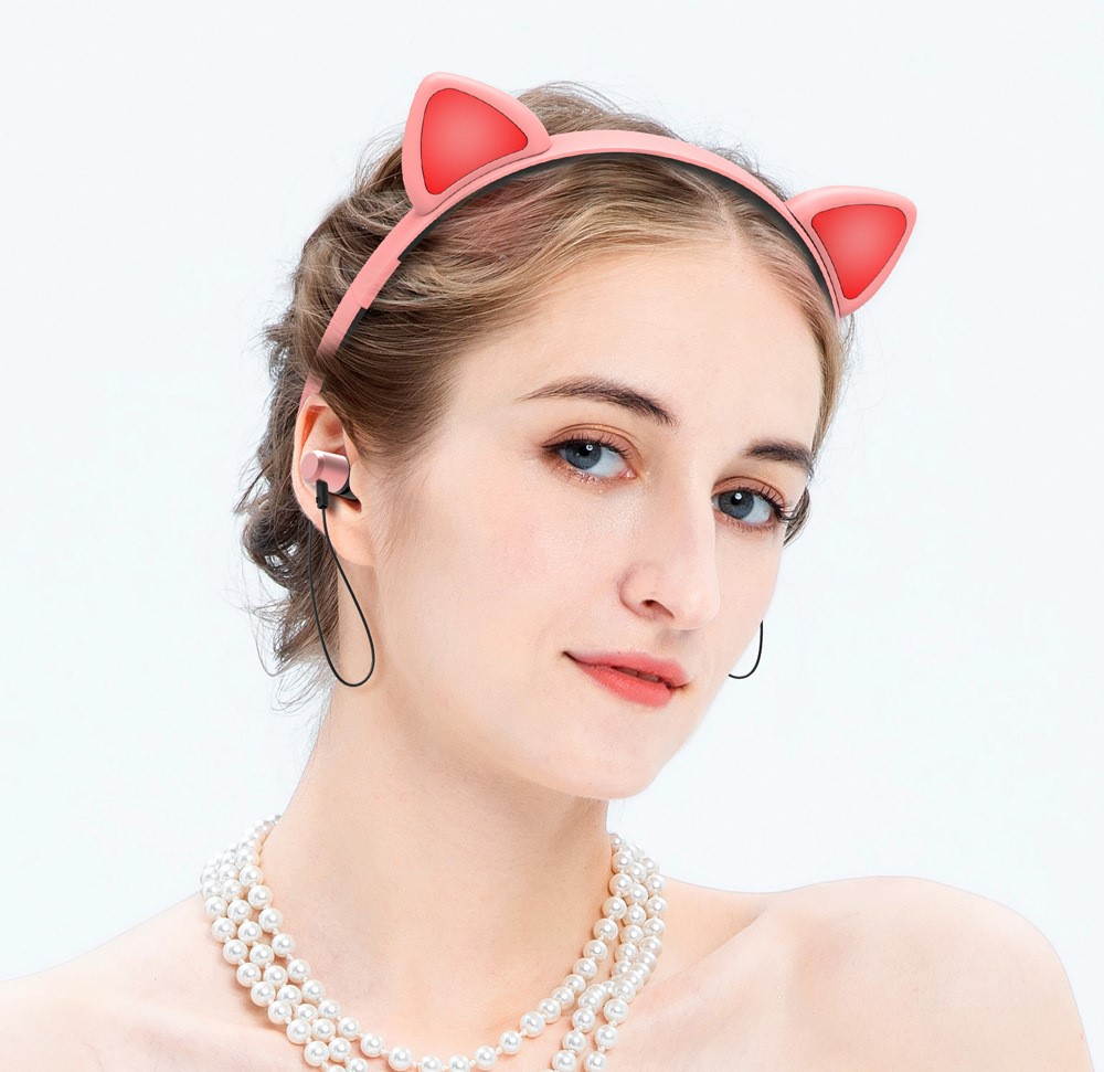 Bluetooth 5.0 Cat Ear Headphones On-Ear Stereo Wireless Headset and Volume Control Magnetic Earplug Stereo Sport Headset Headphones, Cosplay Cat Ears Gaming Headsets with Built in Mic (Pink)