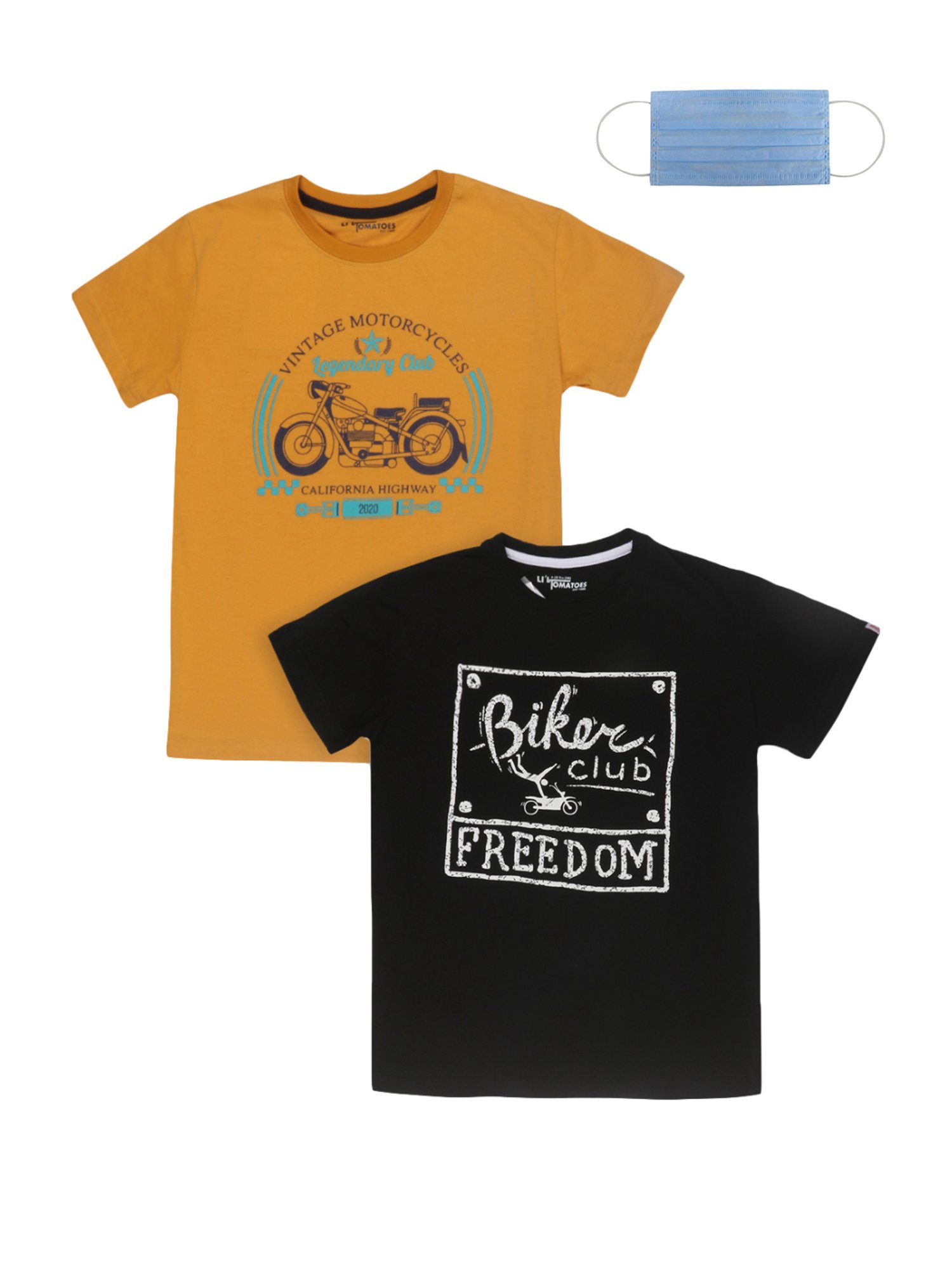 Li'l Tomatoes Kids Mustard & Black Cotton Printed T-Shirts & Mask - Pack of 2