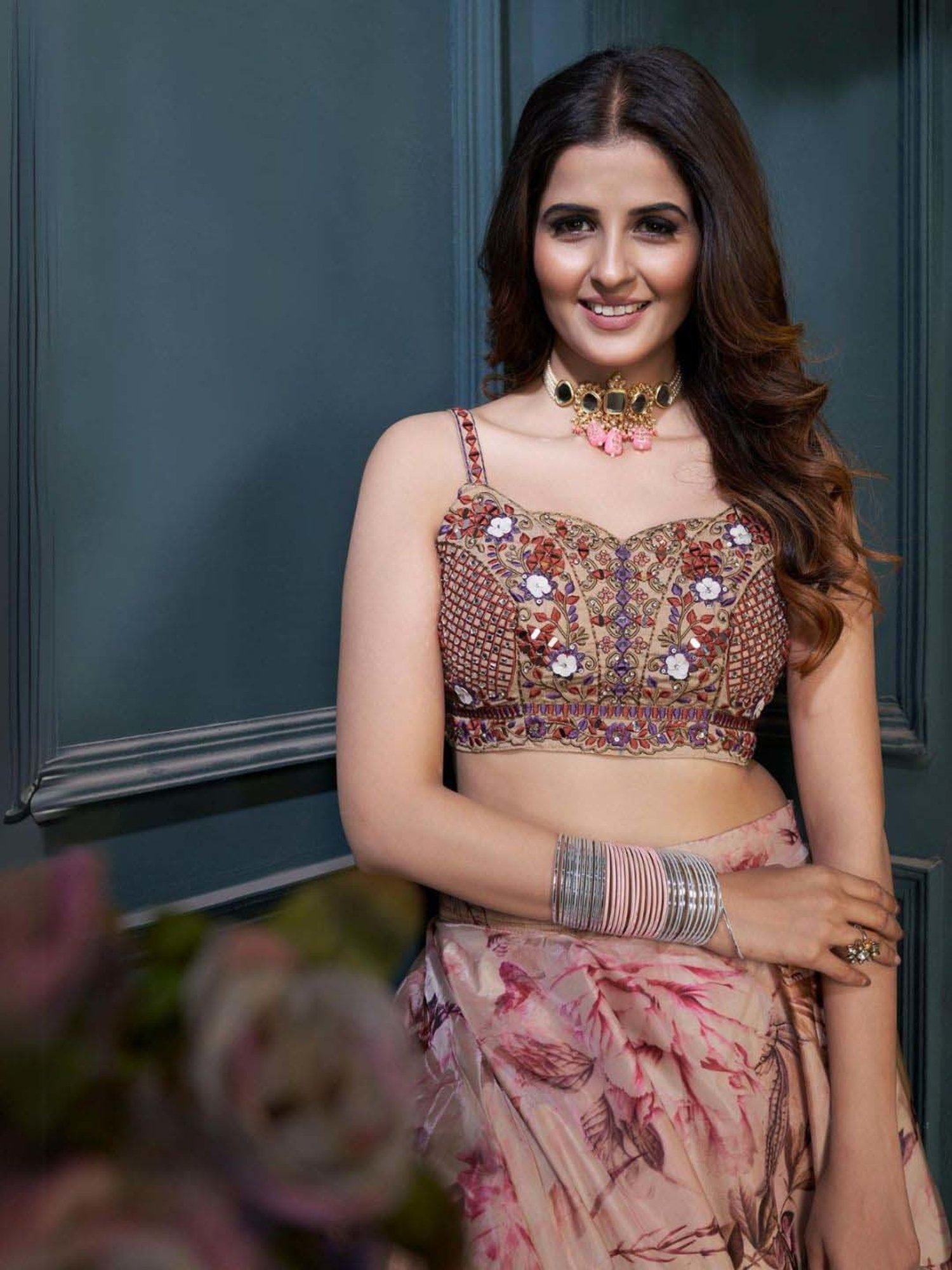 Odette Beige Printed Lehenga Choli Set With Dupatta