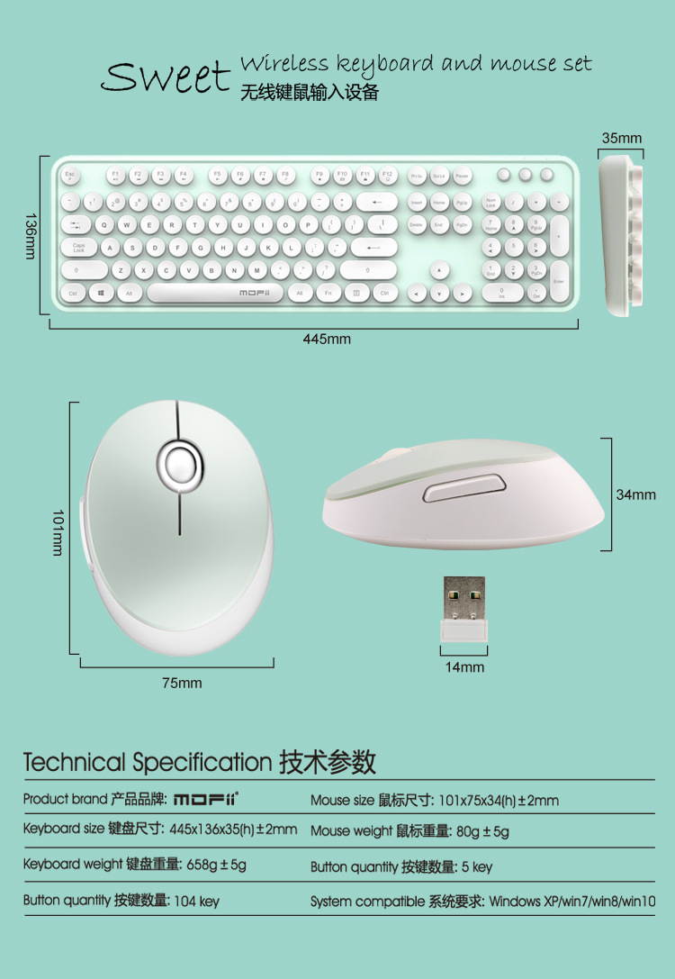 2.4G Wireless Keyboard Set Mixed Candy Color Roud Keycap Keyboard and Mouse  for Laptop Notebook PC Girls Gift