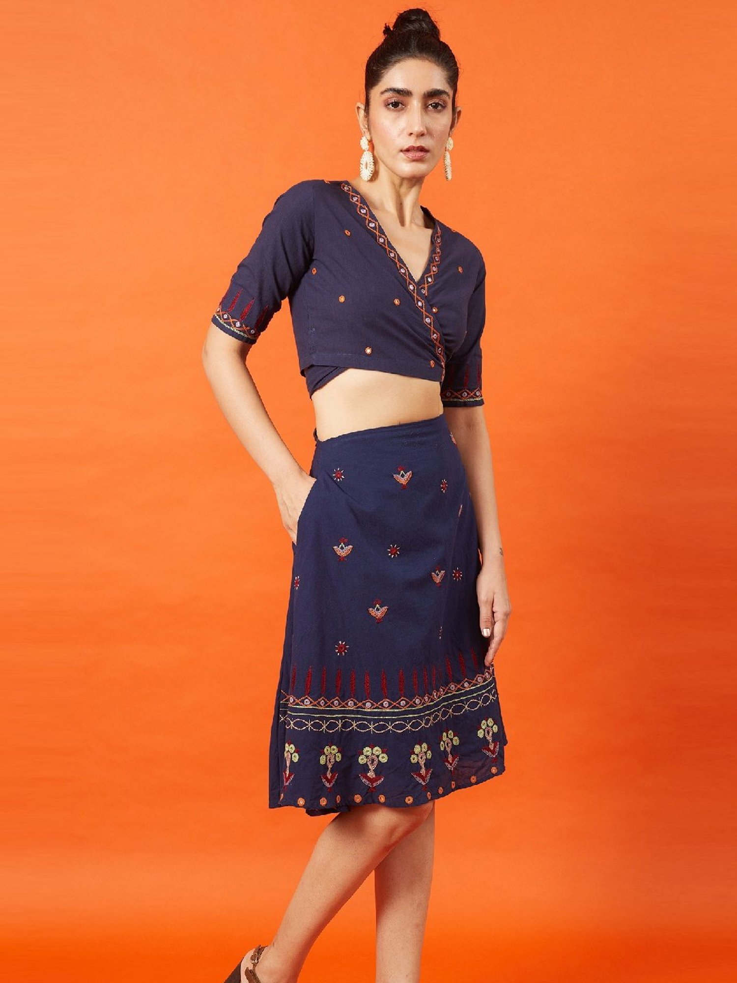 Okhai Sultana Navy Pure Cotton Kutch Hand Embroidered Skirt