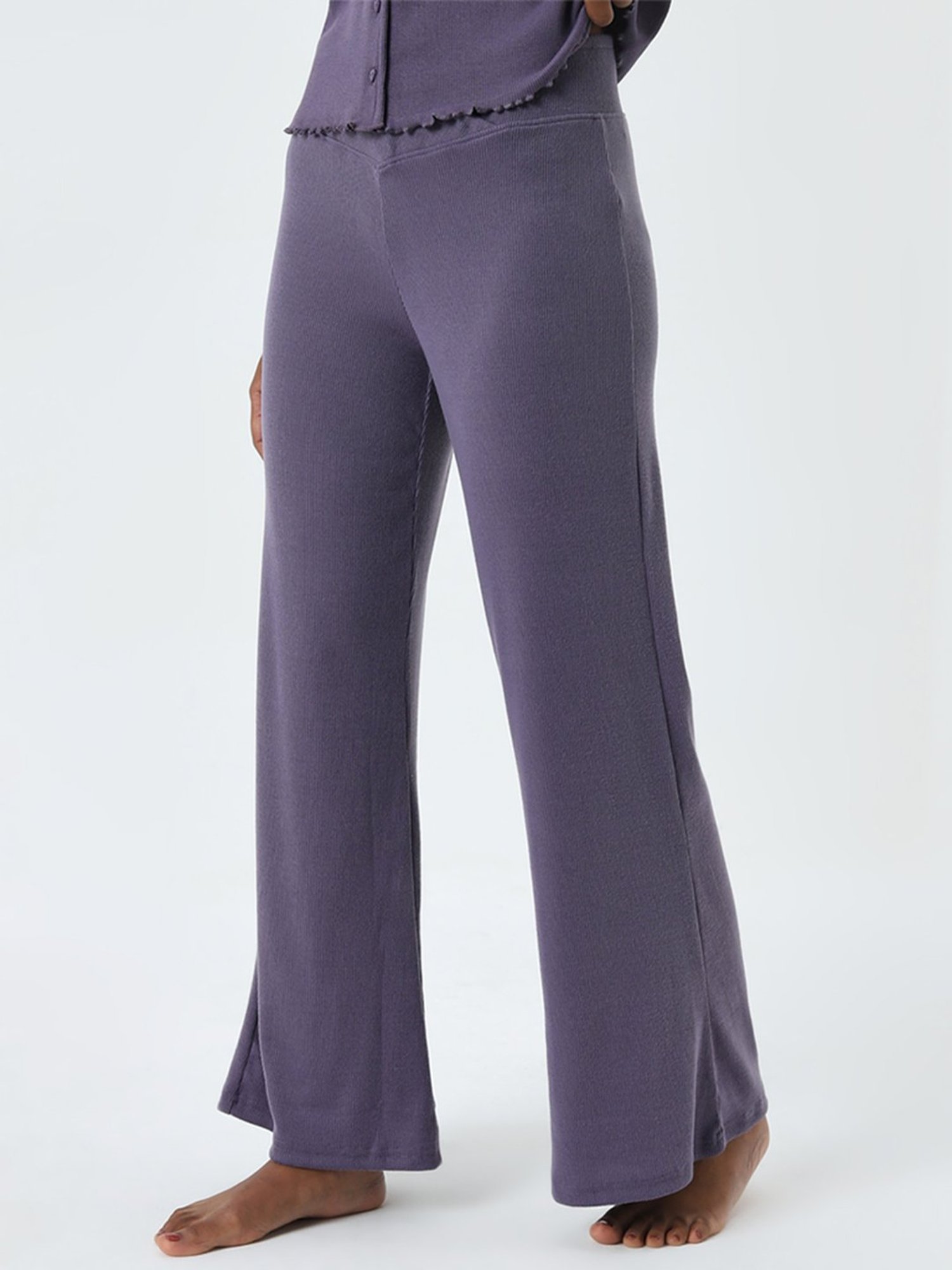 Superstar by Westside Purple Ribbed Textured High-Rise Pants