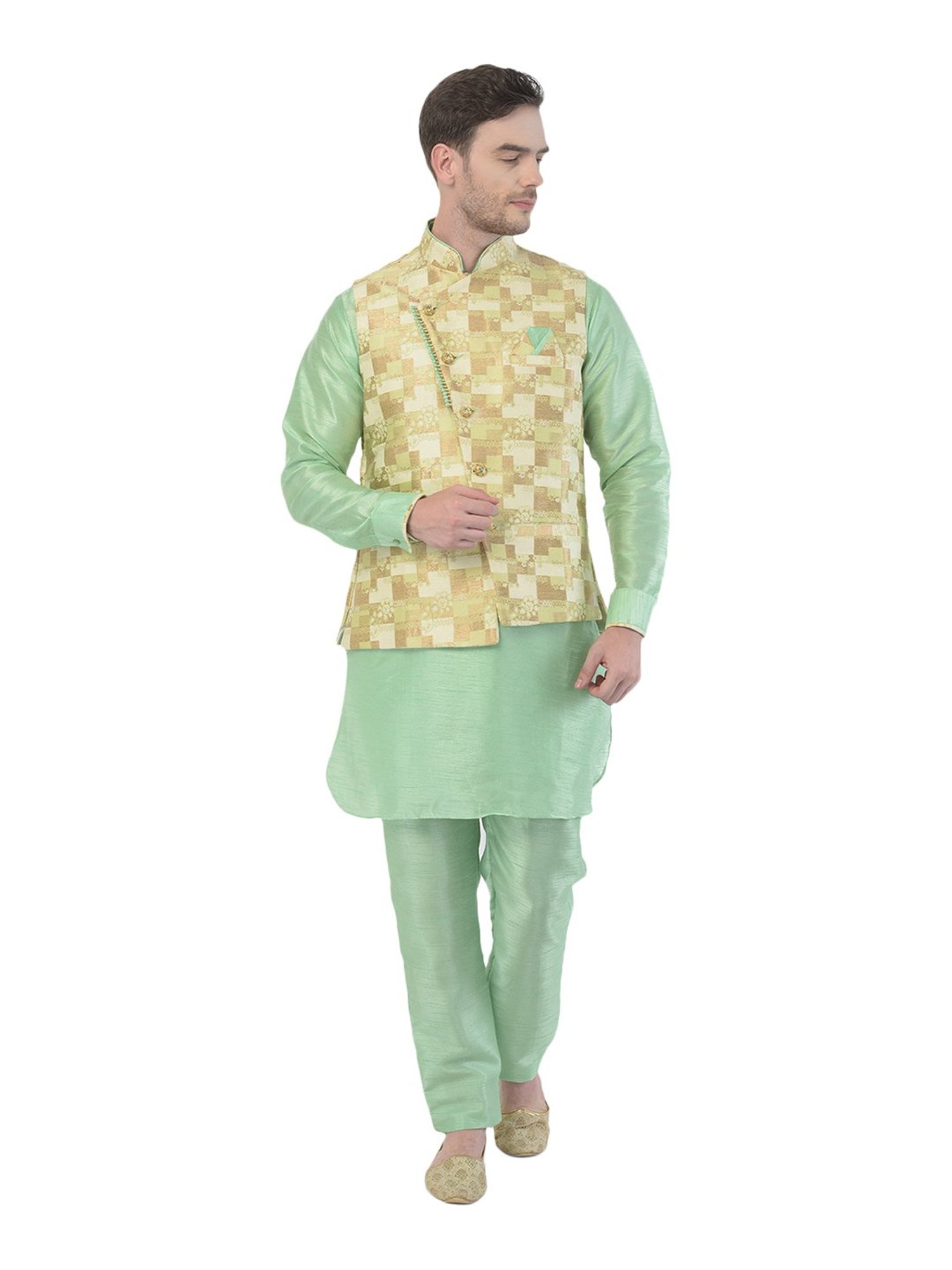 SG RAJASAHAB Green Printed Kurta & Pant Set With Jacket