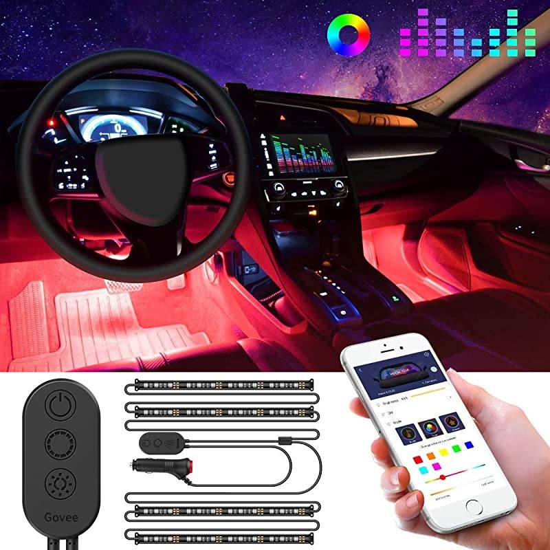 Interior Car Lights, LED Car Strip Lights with Two-Line Waterproof Design, 48 LEDs App Control Car Light Kit, DIY Mode and Music Sync Under Dash Car Lighting with Car Charger, DC 12V