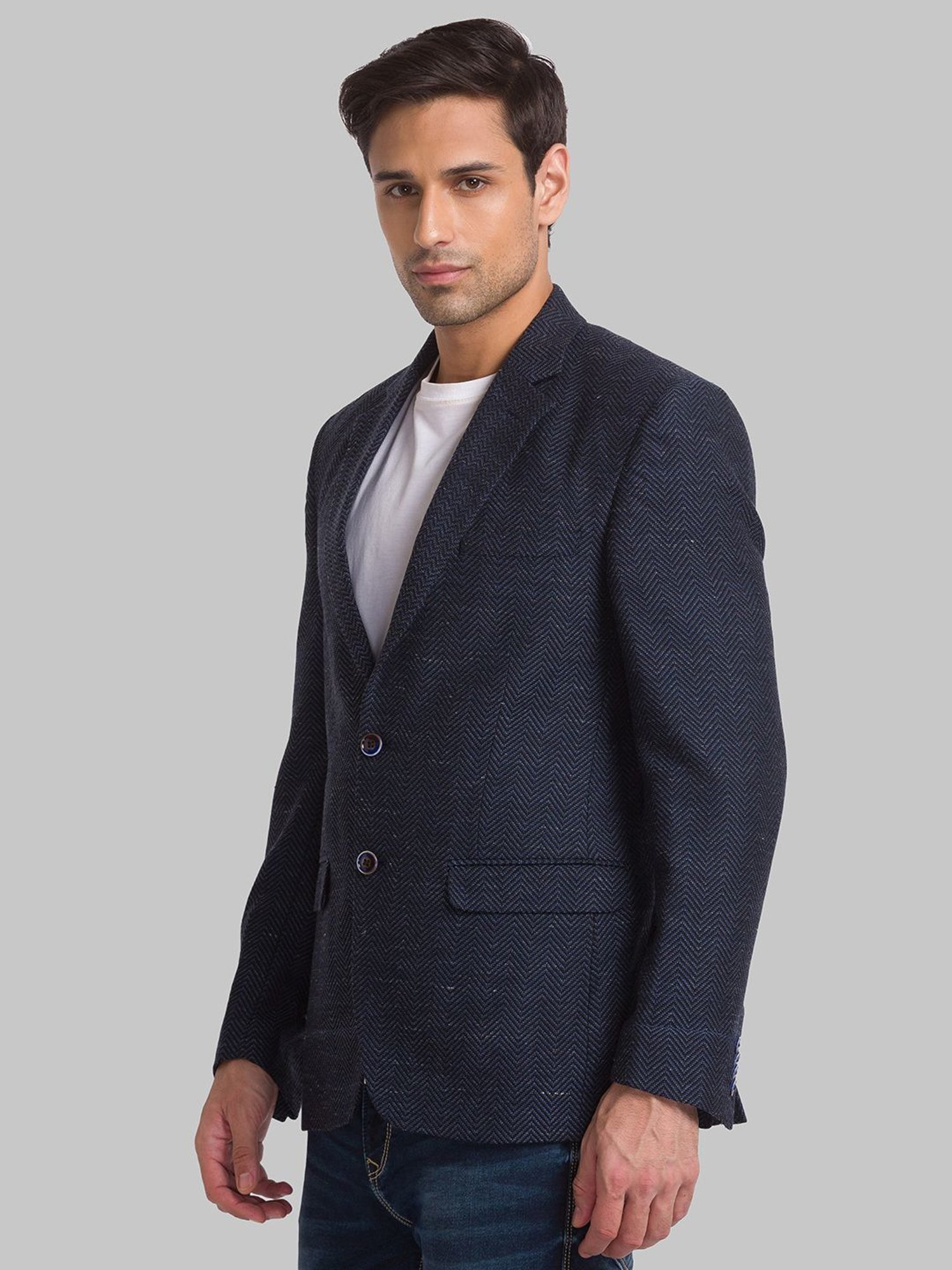 Park Avenue Dark Blue Regular Fit Herringbone Blazer