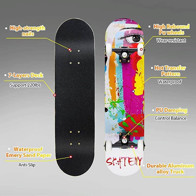 SkateboardsComplete Skateboards for Beginners Kids Boys Girls Adults YouthStandard Skateboards 31x8 with 7 Lays Maple Deck Pro Skateboards Longboard Skate Boards CB7LBBKKVZ
