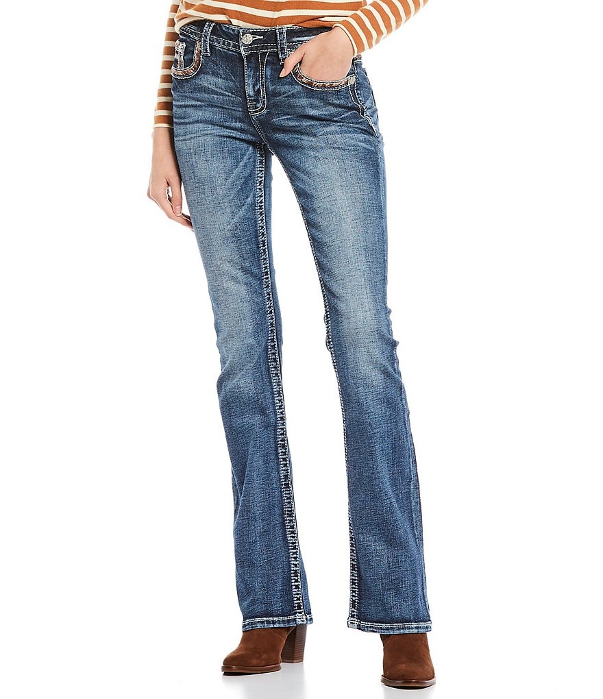 Miss Me Happily Fleur Embroidered Fleur De Lis Flap Pocket Mid Rise Bootcut Jeans