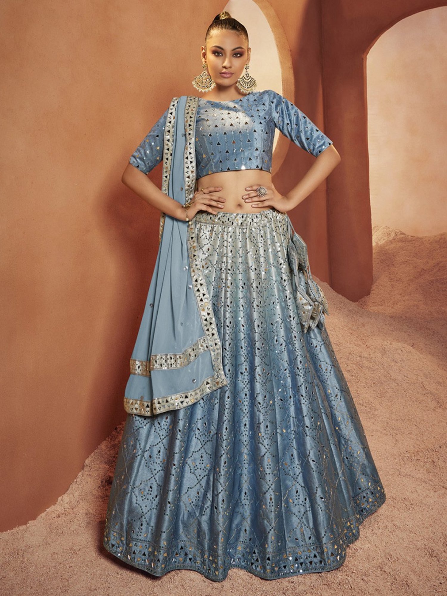 SHUBHKALA Blue Embellished Lehenga and Choli Set With Dupatta