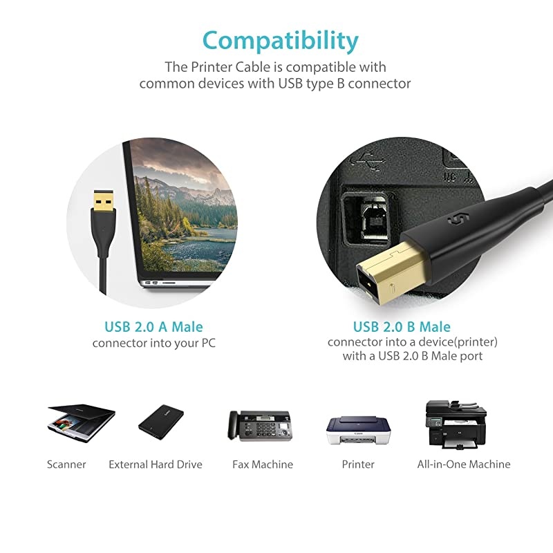Printer Cable High Speed Syncwrie 65ft 20 Printer Scanner Cable Type A Male to B Male Cord for HP Canon Dell Lexmark Epson Xerox Samsung amp More Black