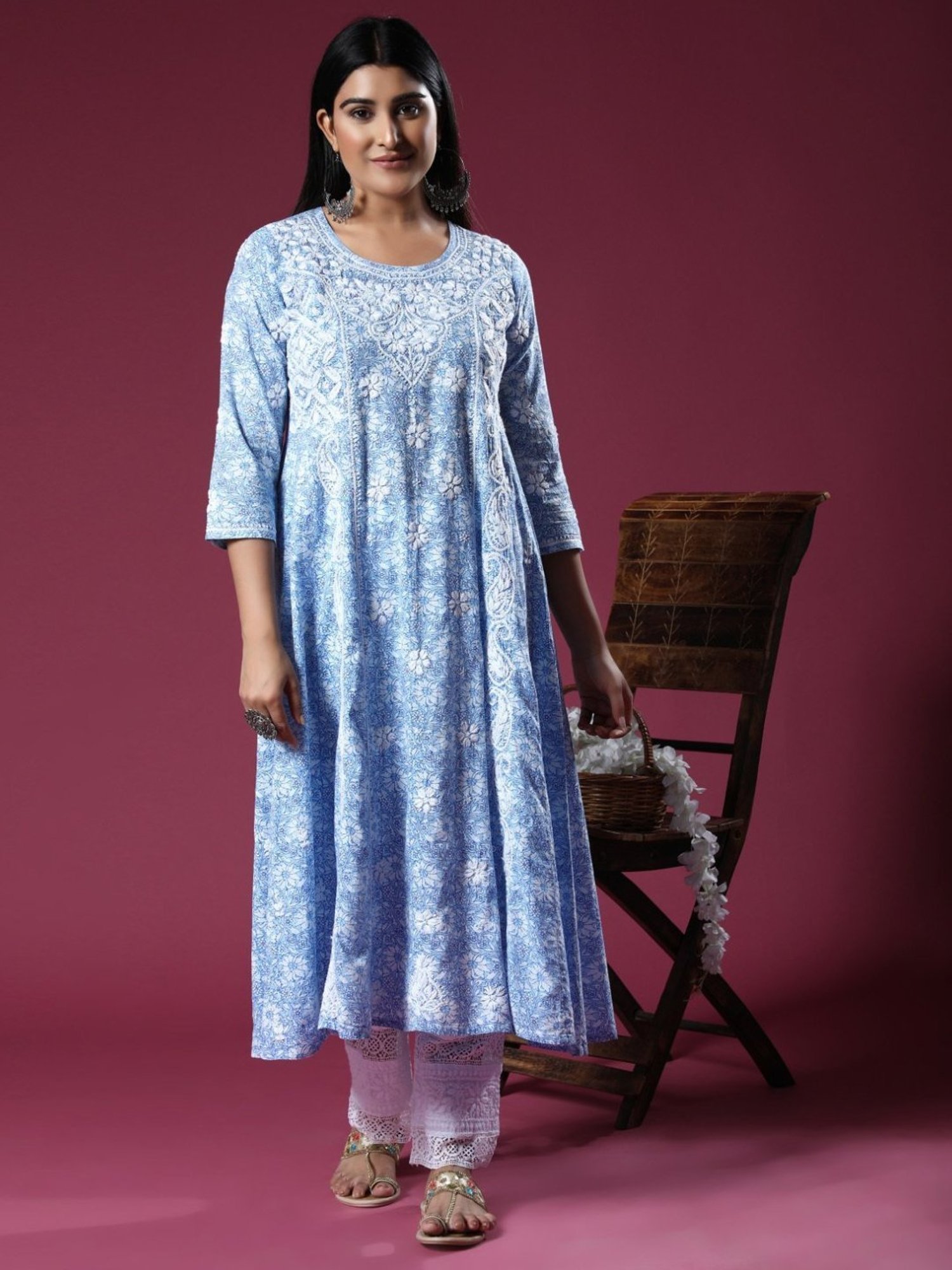 House Of Kari HOK Hand Embroidery Chikankari Long Kurti for Women -Printed Blue