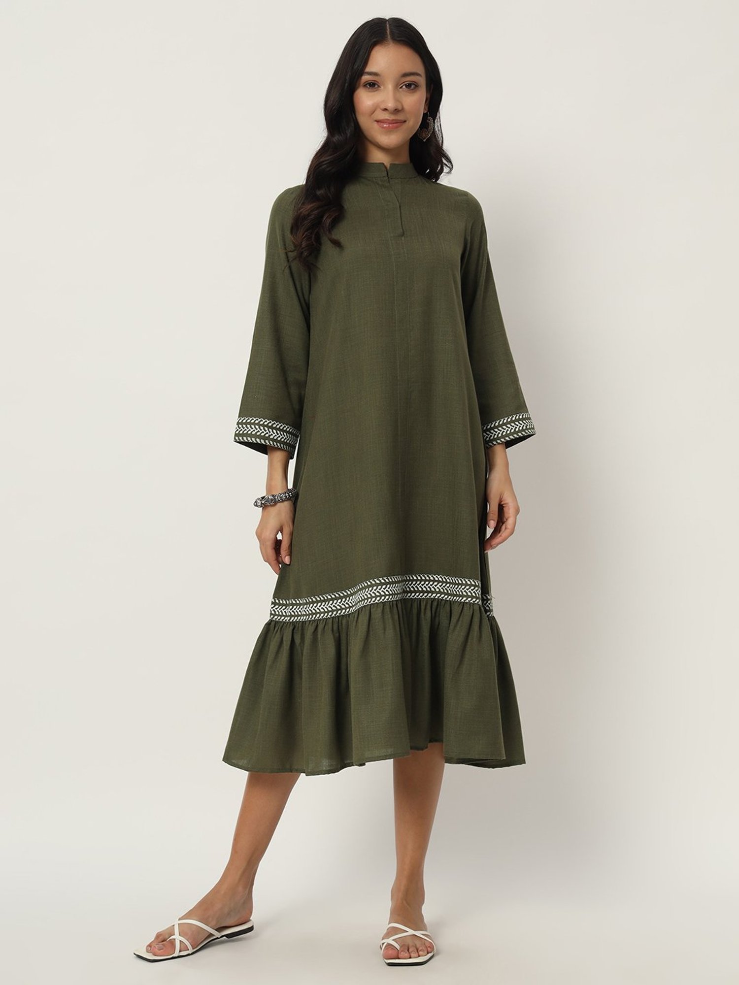 9rasa Olive Cotton Printed Ethnic Dress