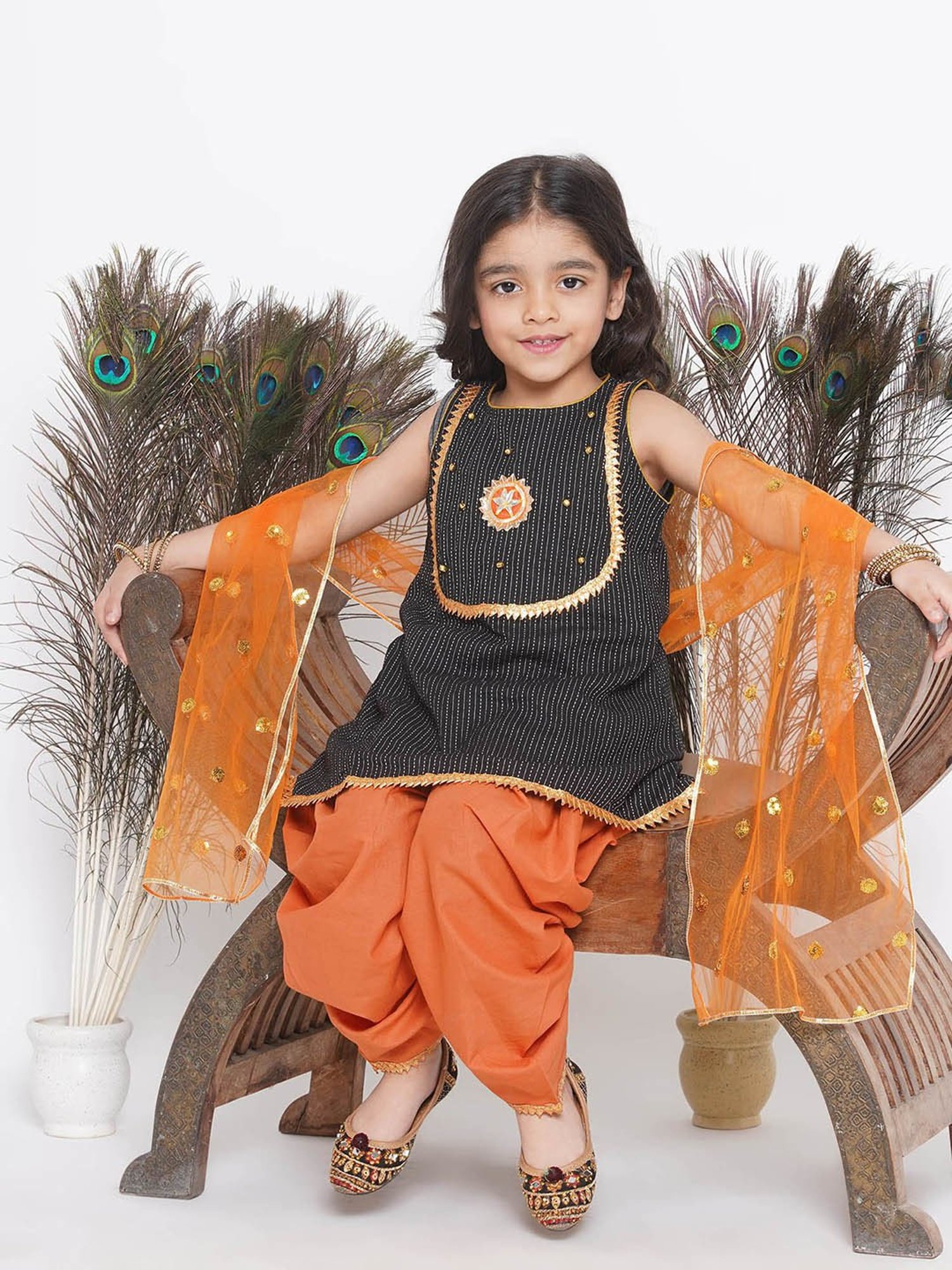 Little Bansi Kids Black & Orange Embellished Kurta, Salwar with Dupatta