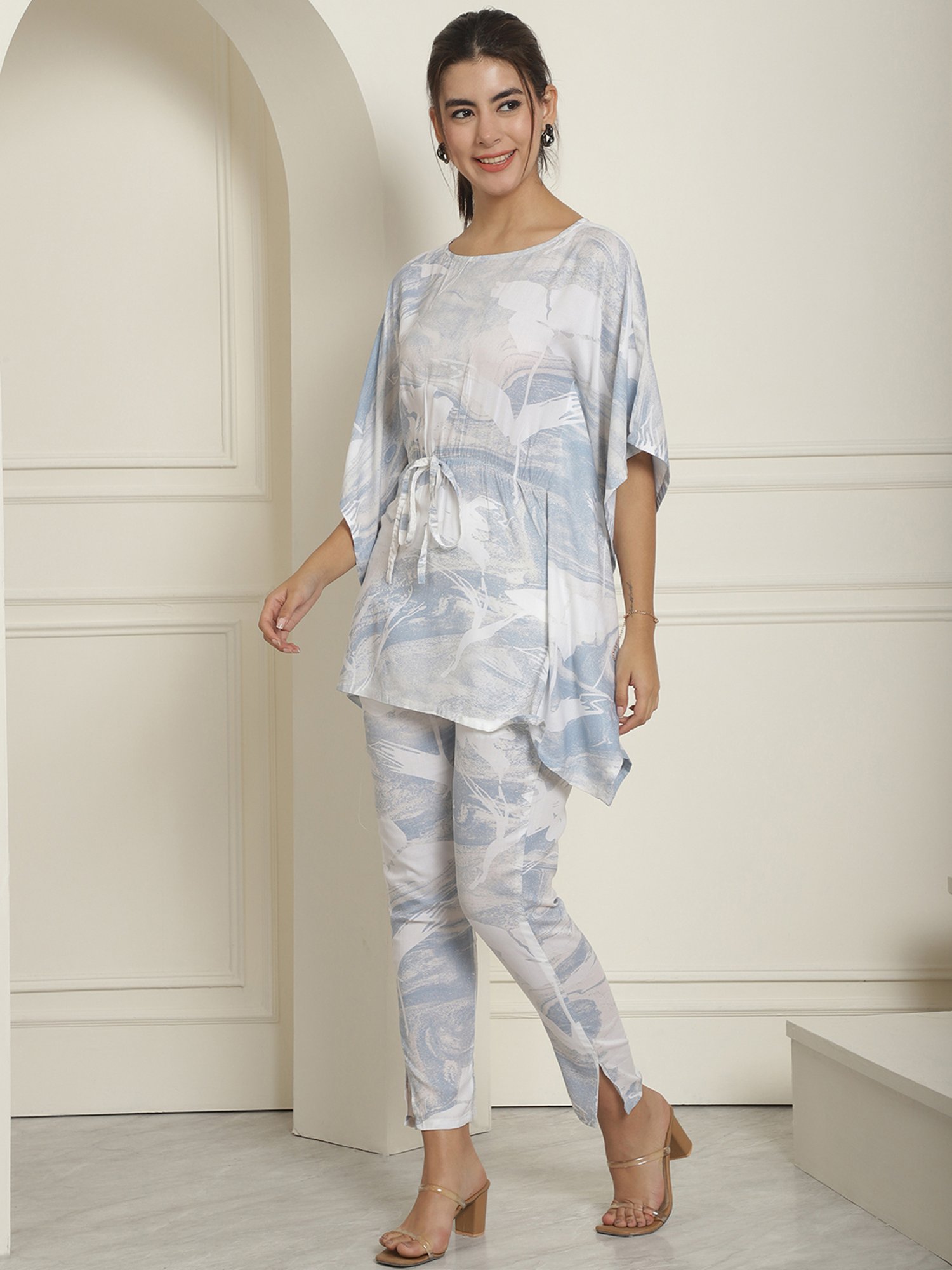Indian Needle Light Blue Kaftan Tunic & Pant Set