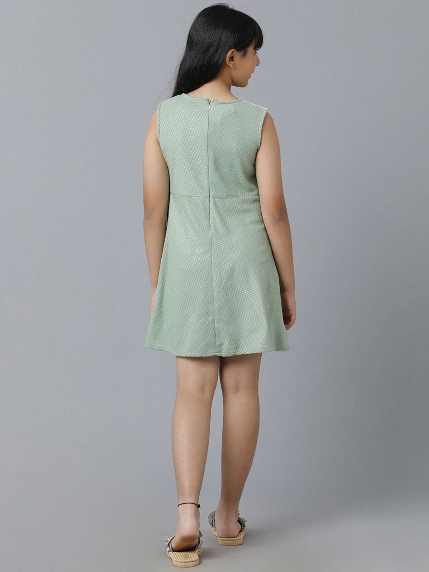 Under Fourteen Only Kids Green Cotton Embossed Dress
