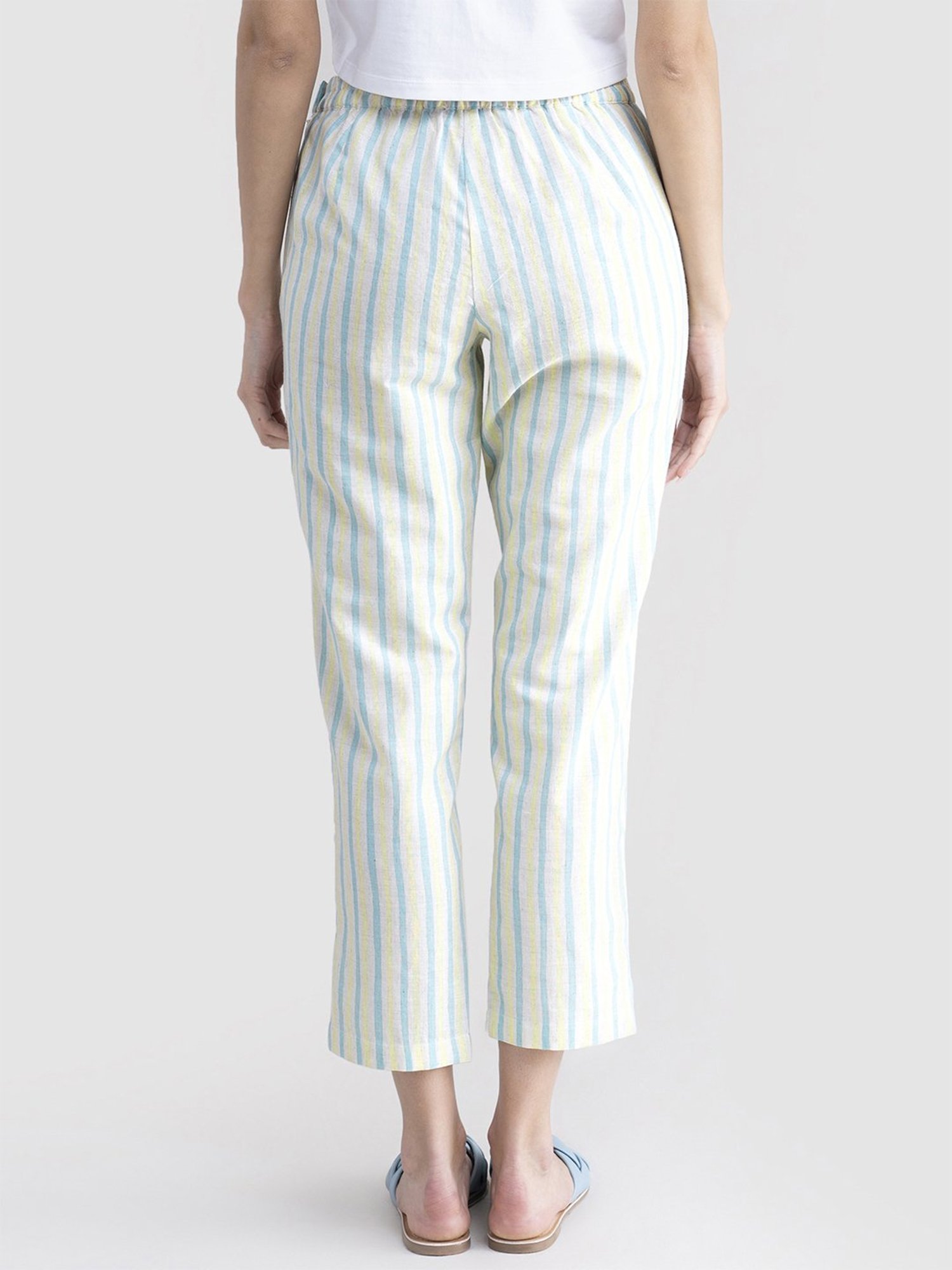 Pink Fort Yellow & Blue Cotton Striped Pants