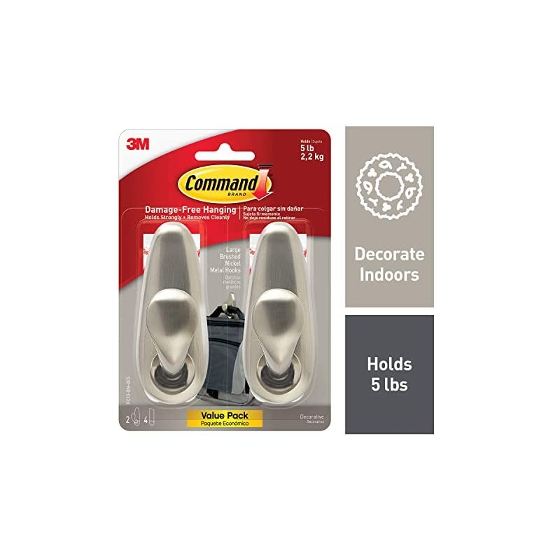 Large Forever Classic Metal Hook, Brushed Nickel, 2-Hooks, 4-Strips, Decorate Damage-Free