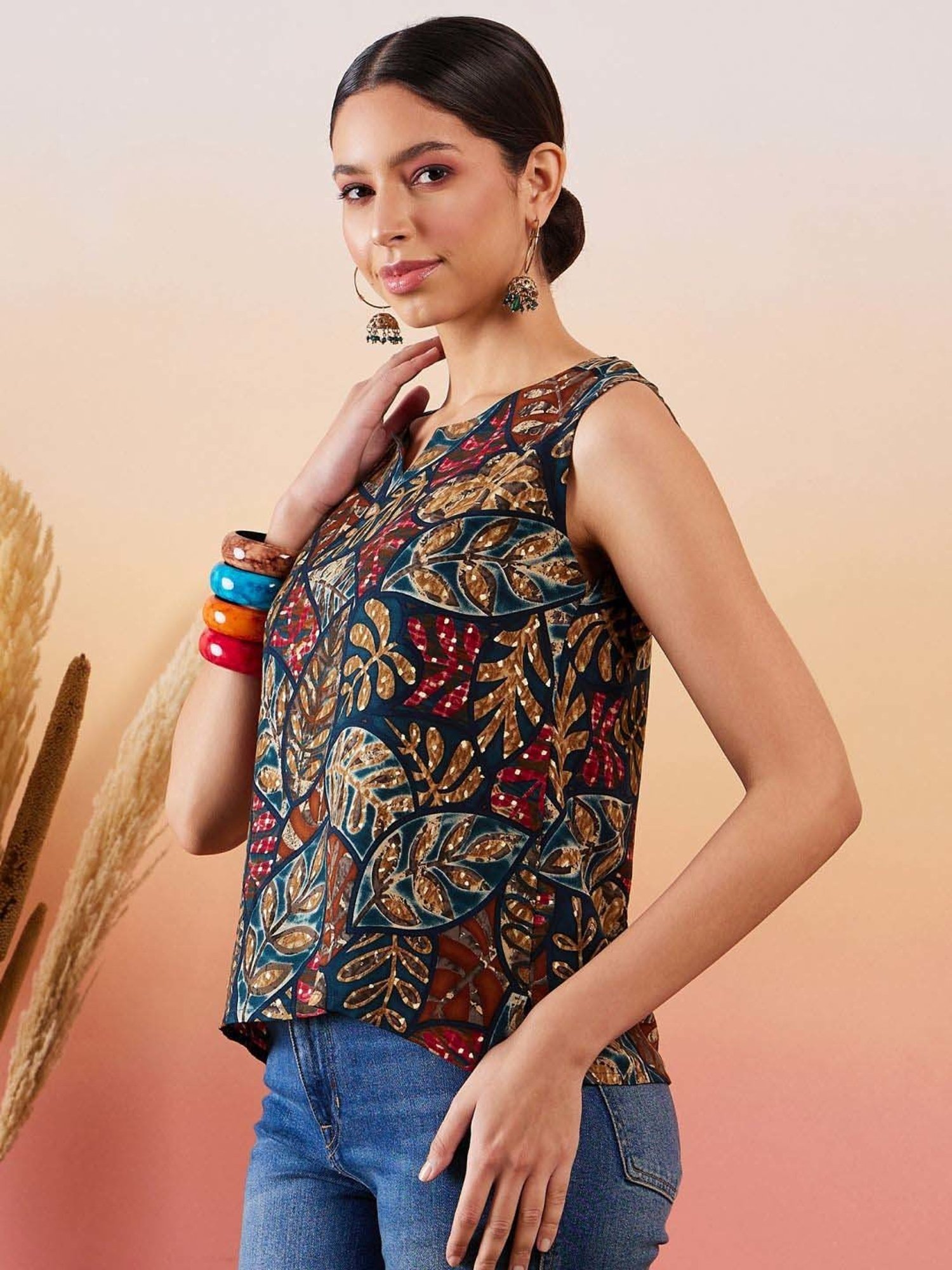 Inweave Teal Blue Printed Top