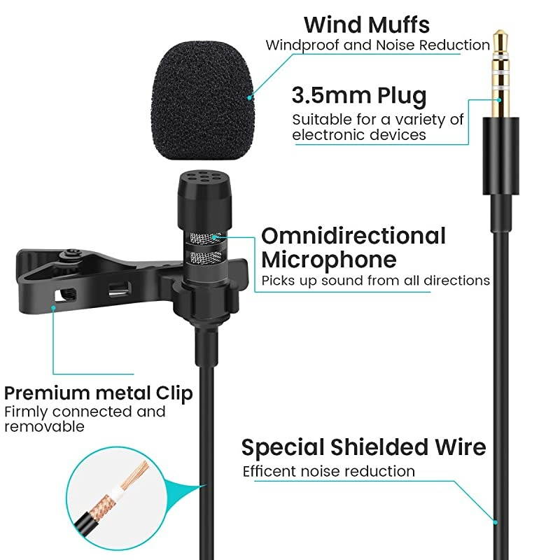 Professional Lavalier Lapel Microphone Interference Resistant Mic for iPhone Android Mac Laptop PC Home Outdoor