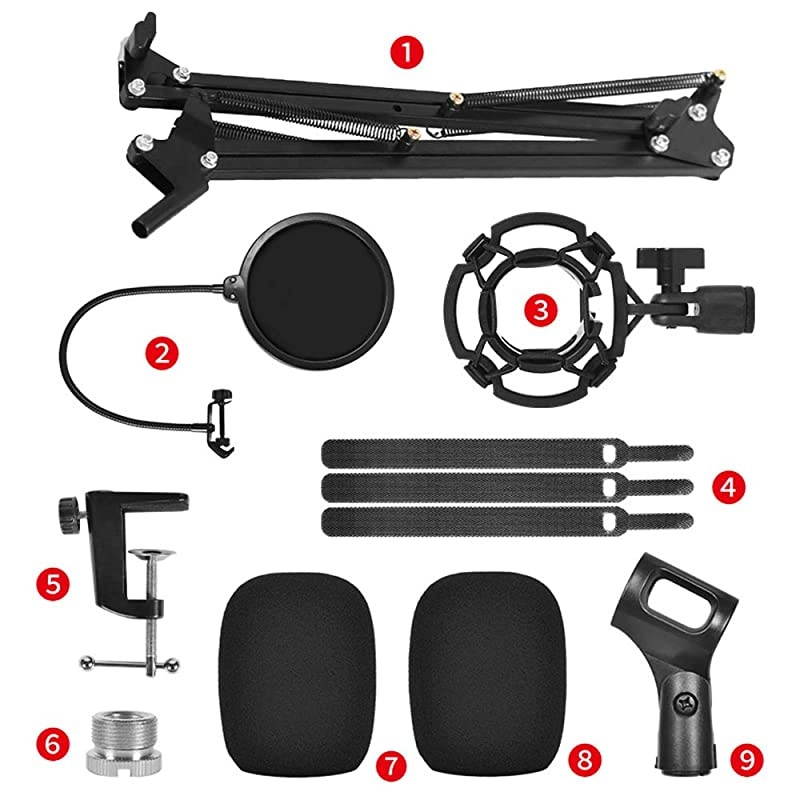 Microphone Suspension Stand Adjustable Boom Scissor Arm Stand with Shock Mount Mic Clip Holder 38 to 58 Screw Adapter Pop Filter and Foam Windscreens Radio Broadcasting and Recording