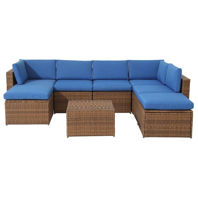 8pc Wicker Rattan Patio Sofa Set with Blue Cushions - Accent Furniture