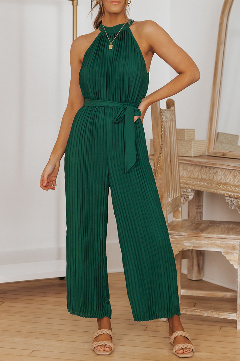 Rose Tan Solid Self Tied Straps Pleated Wide Leg Jumpsuit