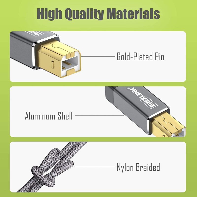 Printer Cable BrexLink Premium10ft USB 2.0 Type A to B Male Printer Cord Durable Nylon Braided High Speed Scanner Fax Cord Compatible with HP Canon Dell Epson Lexmark Xerox Samsung (Grey)