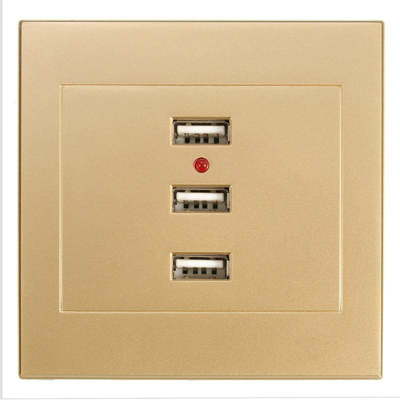 Special 3 Port USB Smart Power Charger Socket Gold Color Home Useful Alloy Shell Sockets 220V To 5V For Cell Phone PC