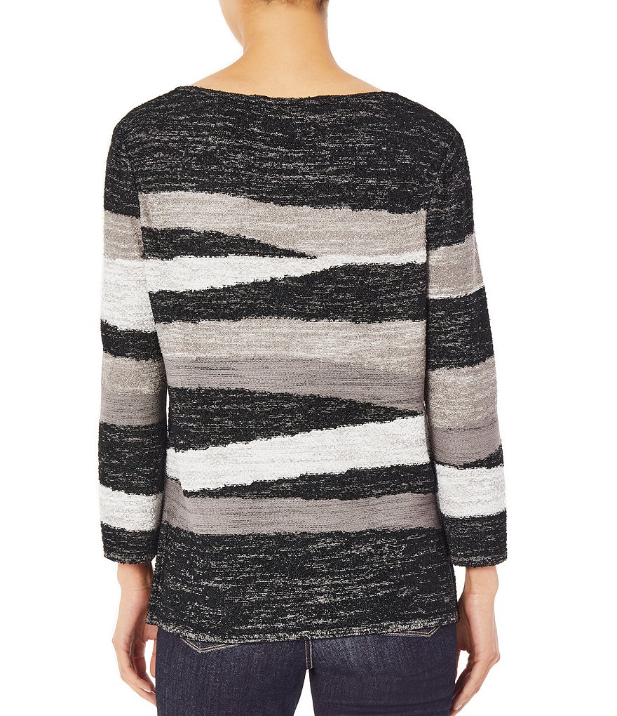 Ming Wang Abstract Stripe Long Sleeve Round Neck Melange Knit Tunic