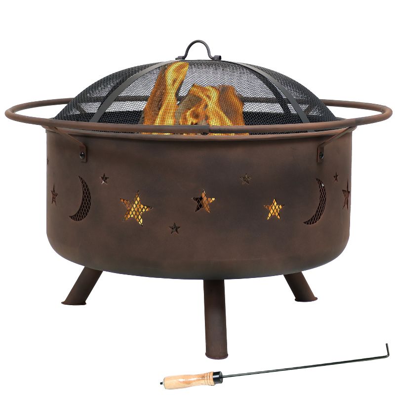 Sunnydaze Outdoor Camping or Backyard Round Cosmic Stars and Moons Fire Pit with Cooking Grill Grate, Spark Screen, and Log Poker - 30"