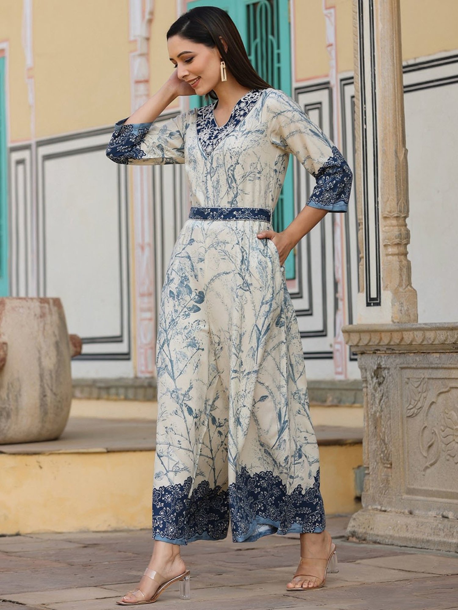 Juniper Off-White Floral Printed Rayon Jumpsuit With Thread Embroidery