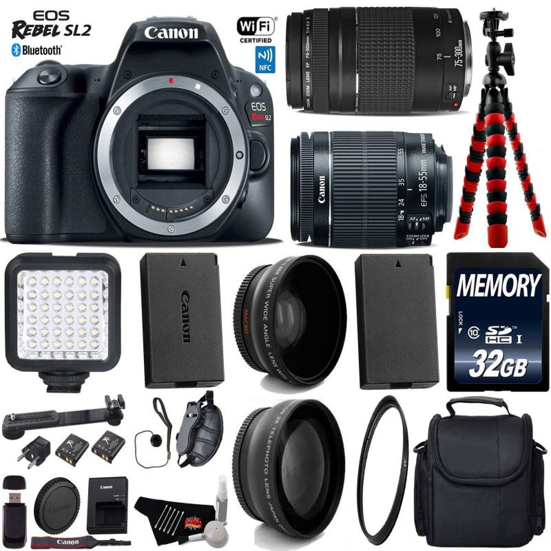 Canon EOS Rebel SL2 DSLR Camera with 18-55mm is STM Lens & 75-300mm III Lens + Camera Case + LED + UV FLD CPL Filter Kit + Wide Angle & Telephoto Lens + Tripod + Card Reader - Intl Model
