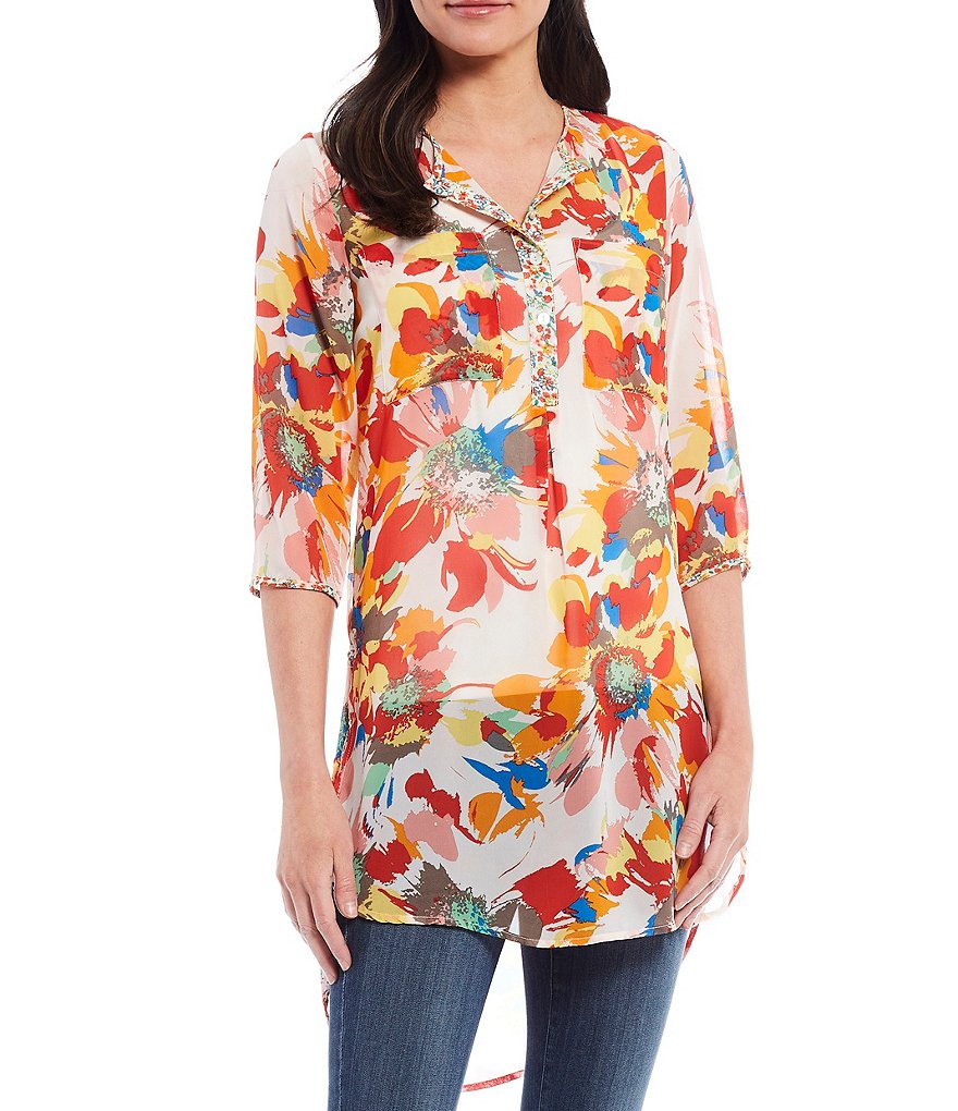 Figueroa & Flower Kendra Big Floral Print Sheer Elbow Sleeve Hi-Low Hem Tunic