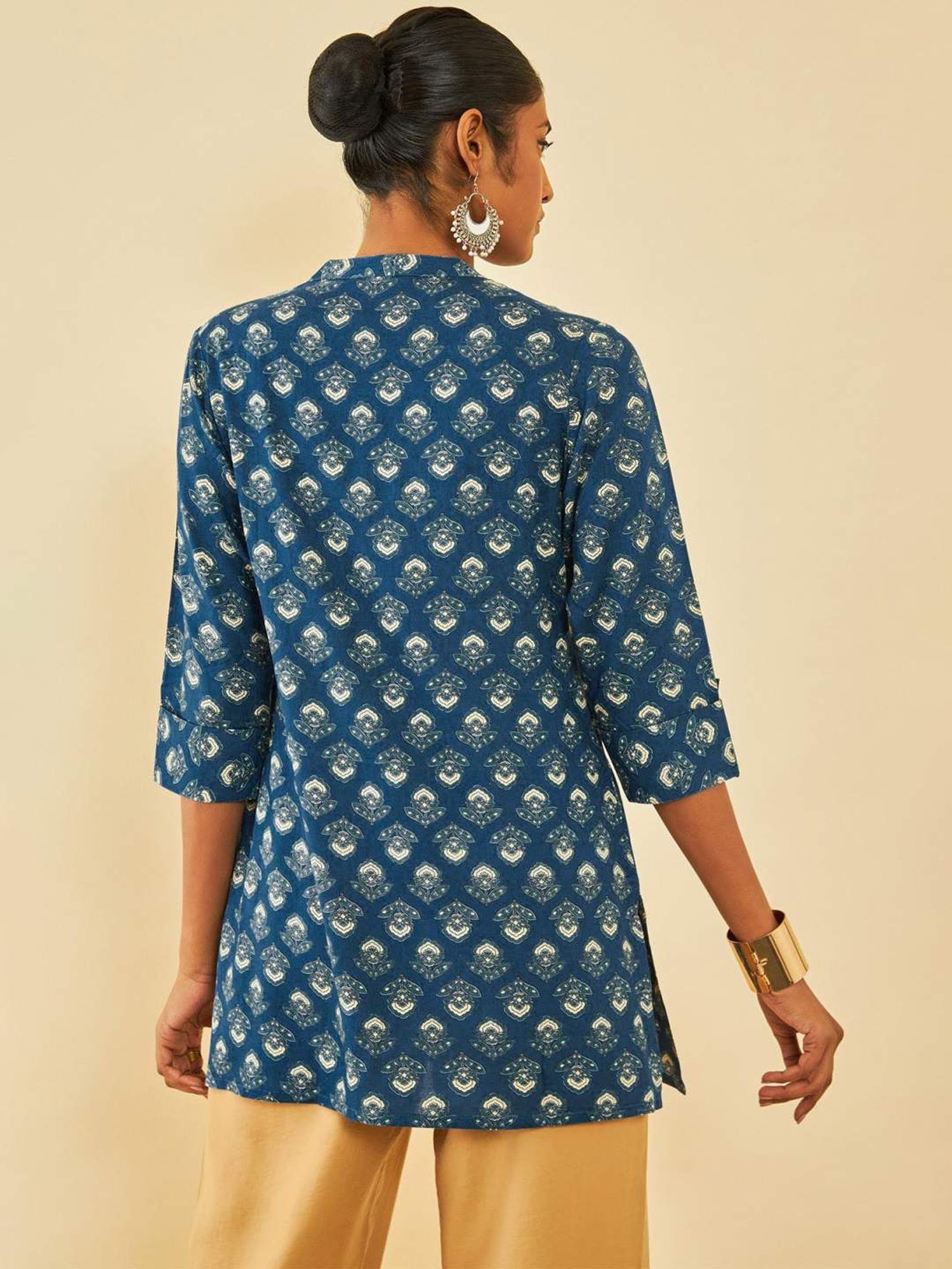 Soch Blue Rayon Floral Printed Tunic With Faux Mirror