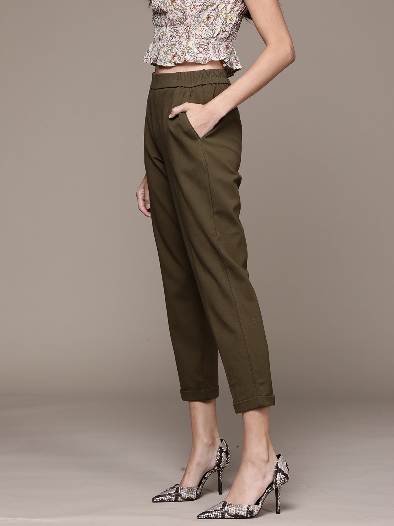 Label Ritu Kumar Olive Solid Straight Pant