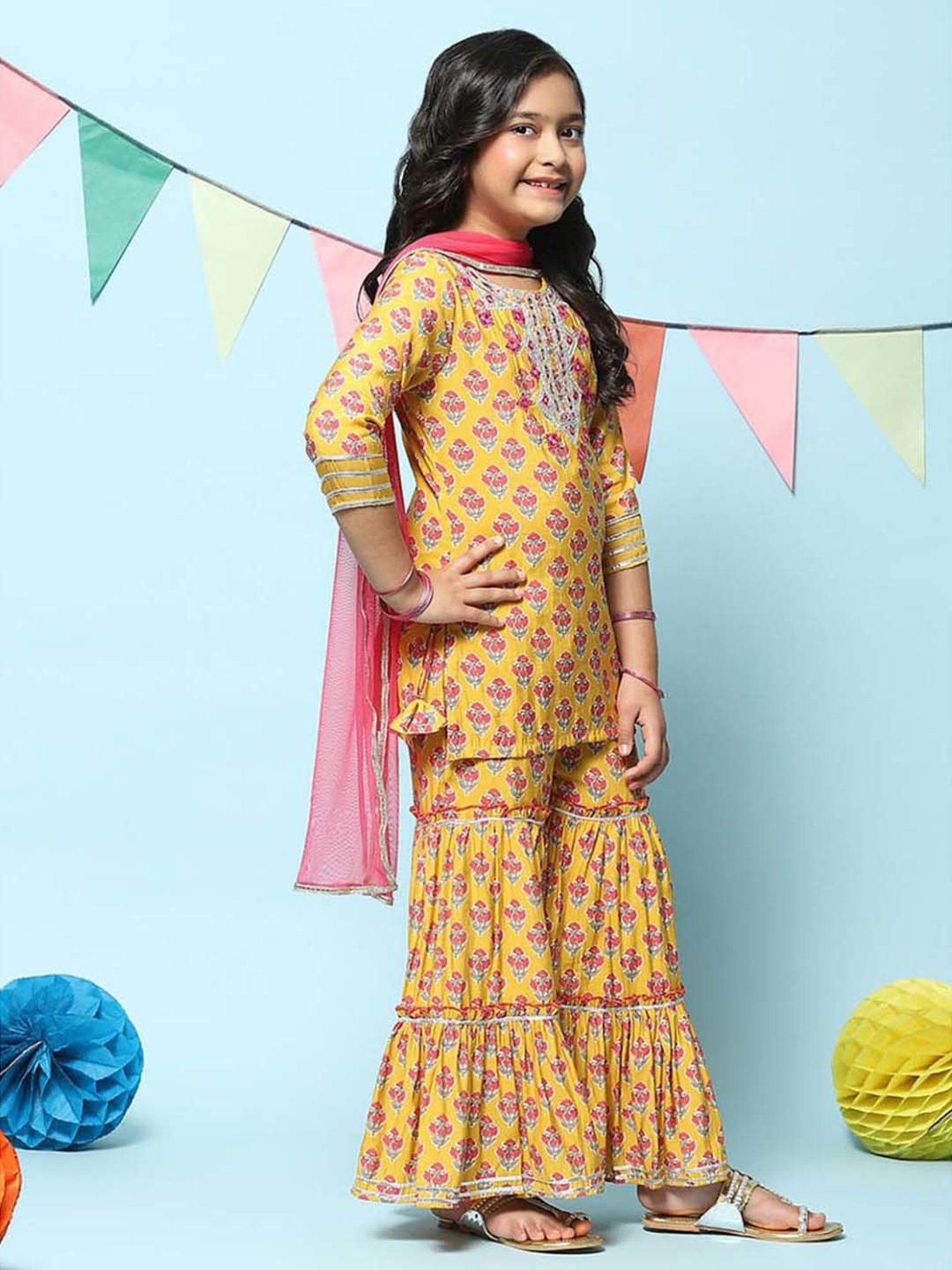 BIBA Girls Kids Yellow & Pink Floral Print Kurta Set