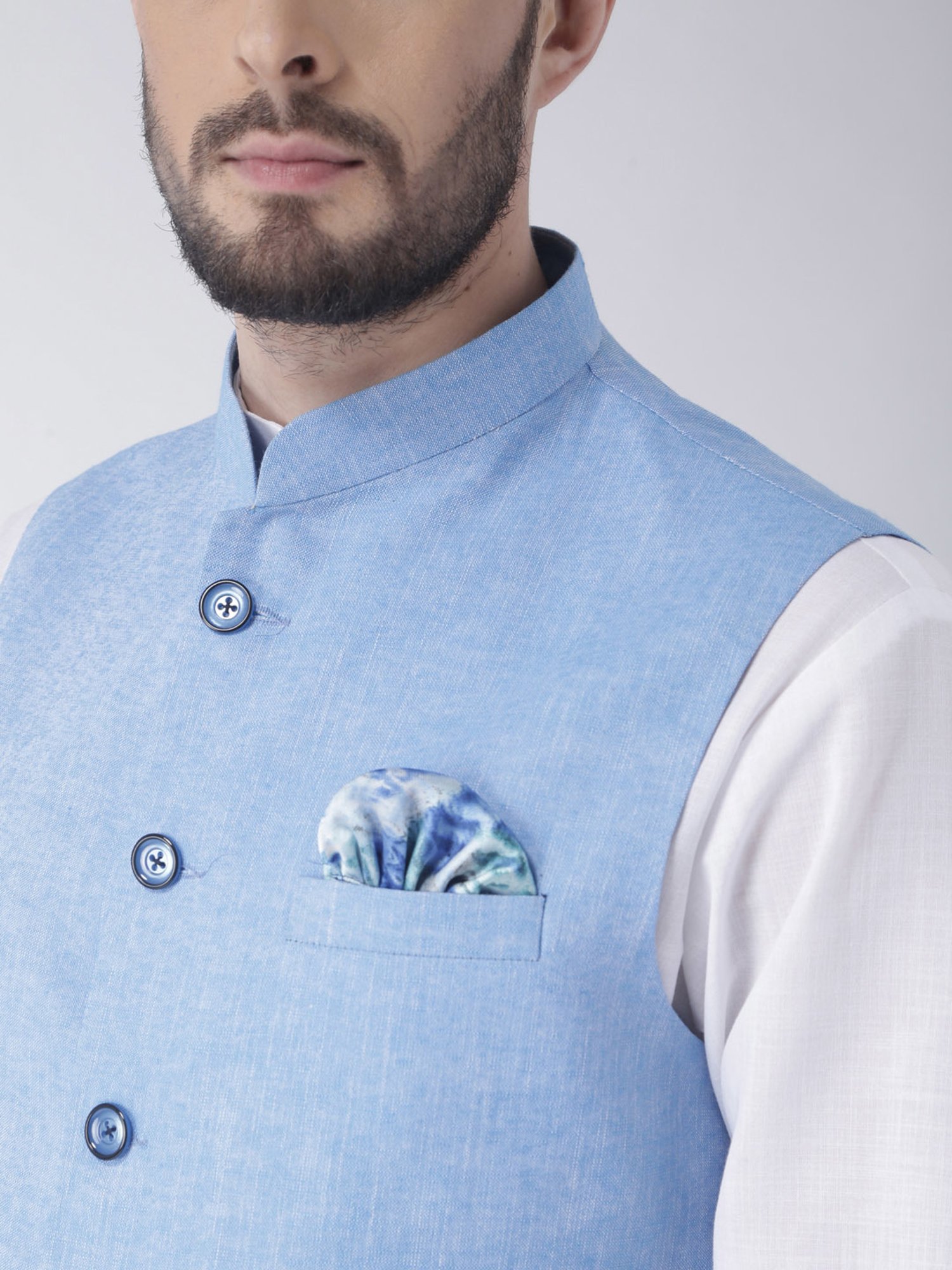 Hangup Plus White & Blue Regular Fit Kurta & Pyjamas Set With Nehru Jacket