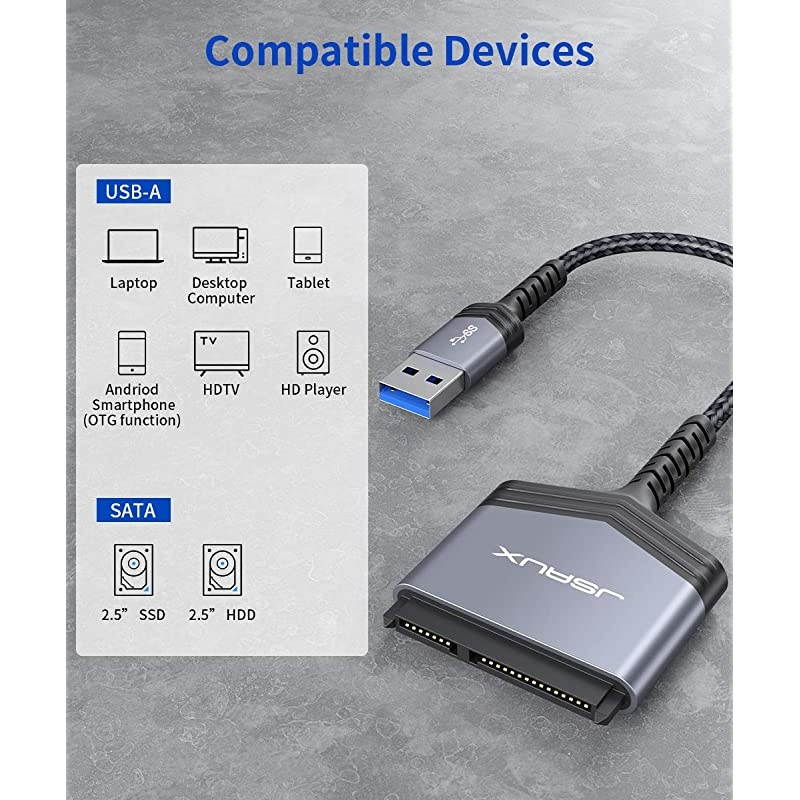 SATA to USB A Cable  USB A 30 to 25 SATA III Hard Drive Adapter Aluminum Shell Nylon Cord External Converter for SSDHDD Data TransferGrey