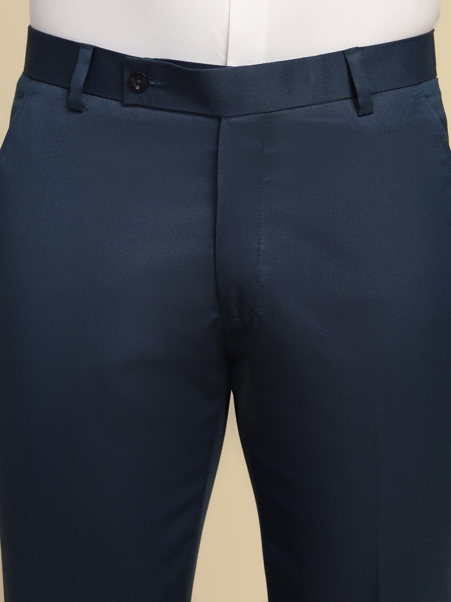 TAHVO Dark Blue Regular Fit Flat Front Trousers
