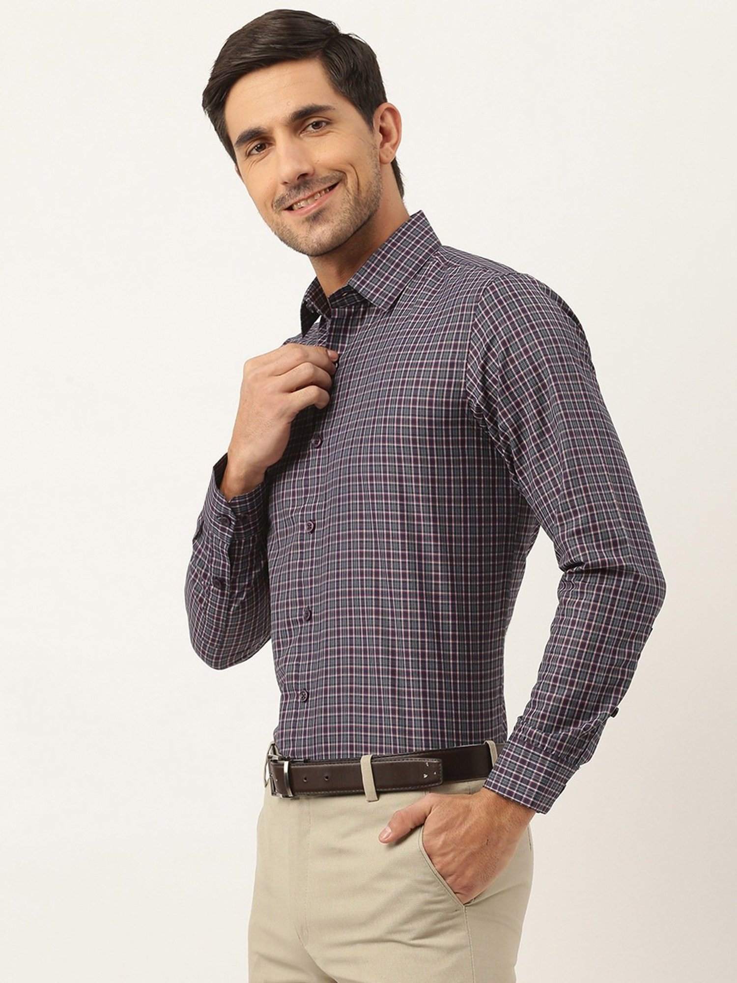 Sojanya Navy Cotton Regular Fit Checks Shirt