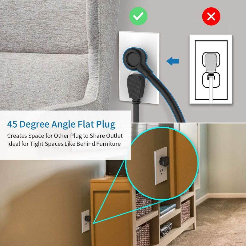 NTONPOWER Flat Plug Power Strip with USB Bundle, 3 Outlets Compact Power Strip with 5 ft Cord and 10 ft Long Extension Cord, Right Angle Plug, Wall Mount for Office, Home, Nightstand, Dorm Essentials