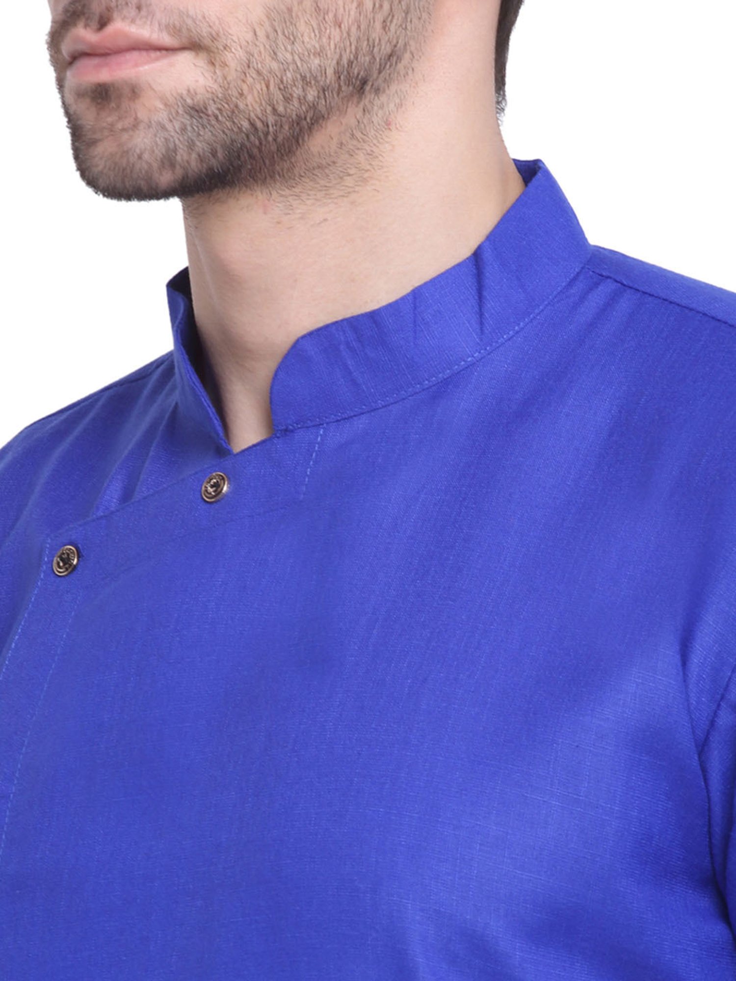 Benstoke Dark Blue & White Regular Fit Asymmetric Kurta & Pyjamas Set